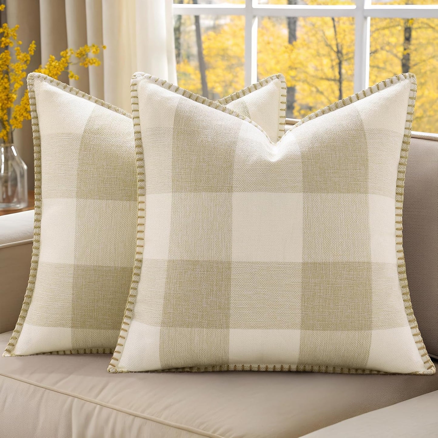 decorUhome Buffalo Plaid Check Fall Throw Pillow Covers 18x18 Set of 2, Outdoor Decorative Farmhouse Pillow Covers with Stitched Edge for Bed Couch Sofa, Cream White and Beige
