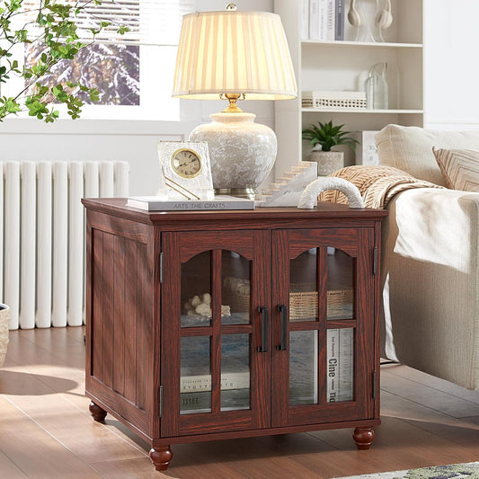 Farmhouse End Table with Charging Station,24" Large Sofa Side Table with Glass Barn Door,Rustic Wood Night Stand with Adjustable Storage Shelf,Square Bedside Table for Living Room,Bedroom Office