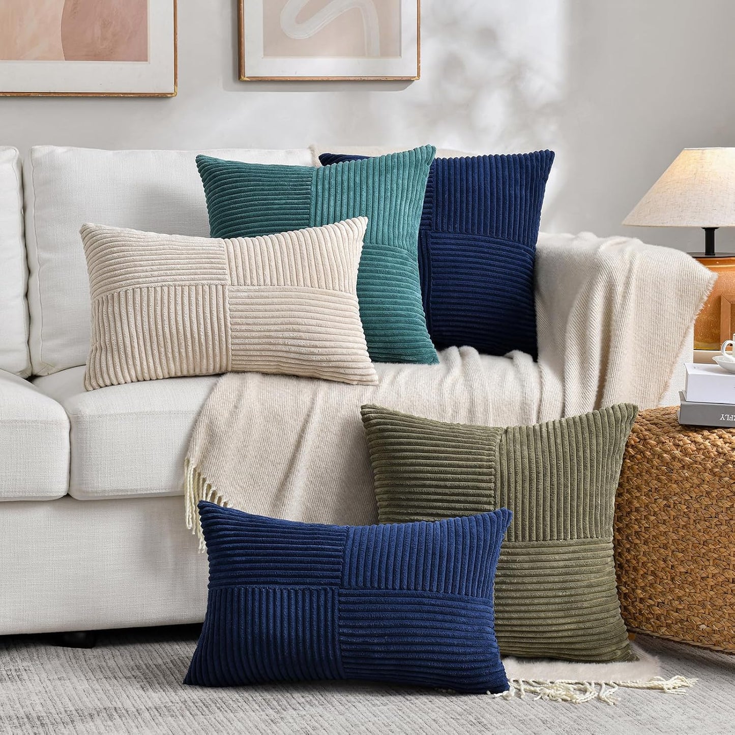 Fancy Homi 2 Packs Tan Lumbar Decorative Throw Pillow Covers 14x24 Inch for Living Room Couch Bed Sofa, Boho Home Decor, Soft Striped Corduroy Rectangle Accent Beige Cushion Case 35x60 cm