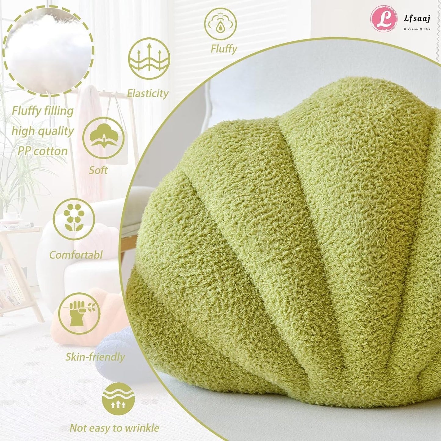Green Seashell Throw Pillows, Shell Shaped Throw Pillows, 13 Inch Soft Home Decorative Pillow Plush Cushion for Bed Couch Living Sofa Room Decor Accent Throw Pillow
