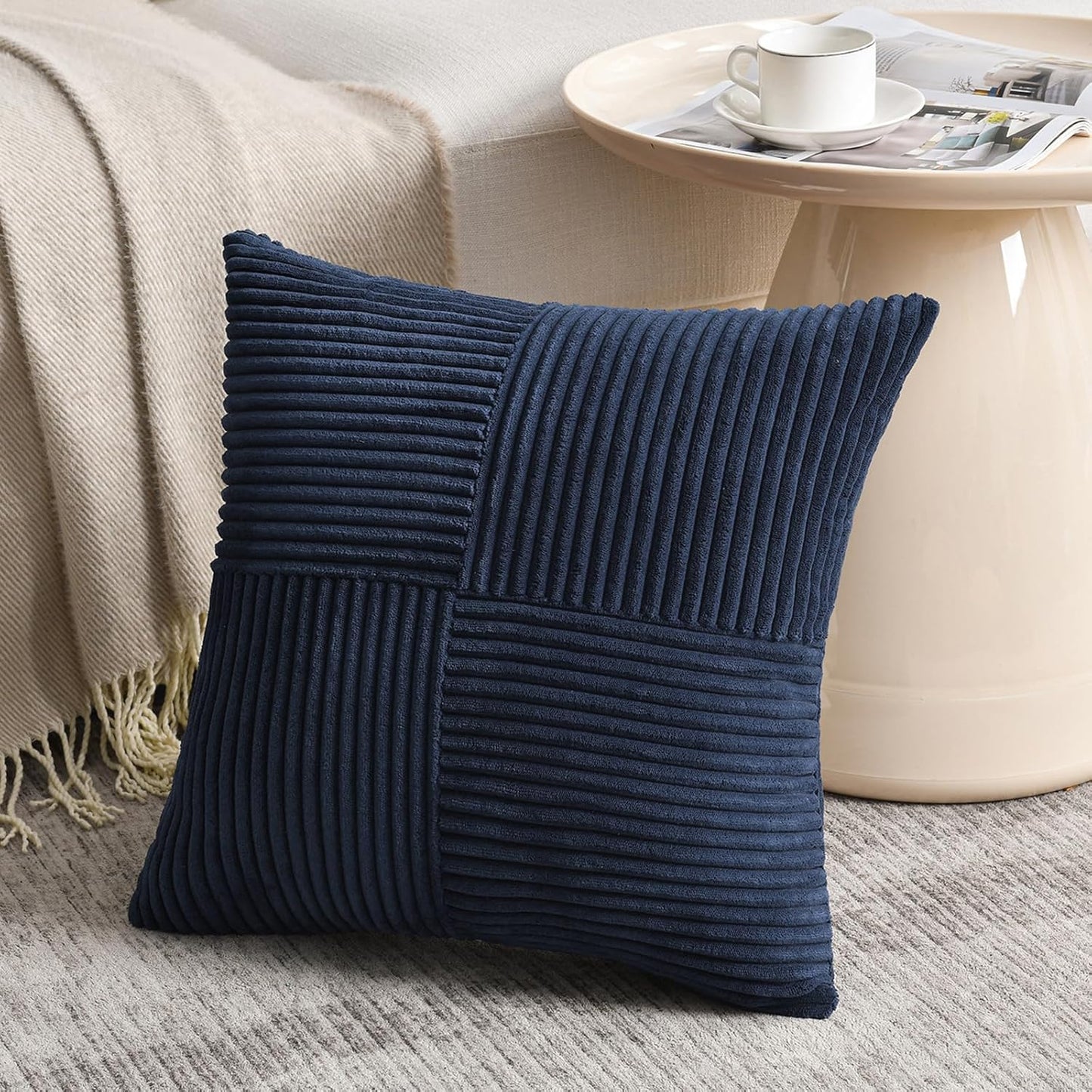 Fancy Homi 2 Packs Navy Blue Euro Decorative Throw Pillow Covers 26x26 Inch for Living Room Couch Bed, Farmhouse Boho Home Decor, Soft Corss Corduroy Patchwork Textured Square Cushion Case 66x66 cm