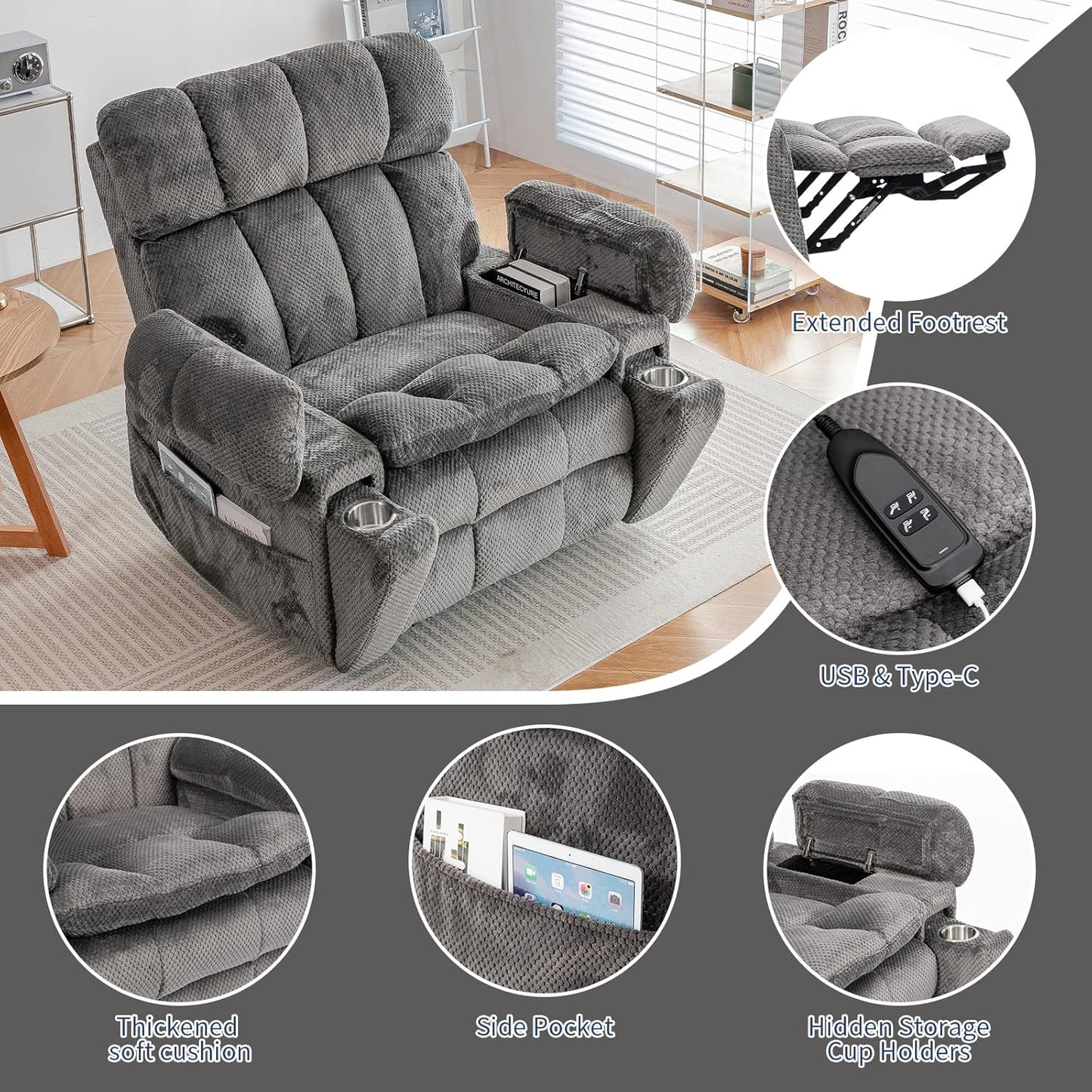 Dual Motor Power Lift Recliner Chair for Elderly with Adjustable Headrest,Extra Wide Recliner Chair with Heat and Massage,Lay Flat Recliner with Cupholder Storebox,USB Ports,Type C,Zero Gravity