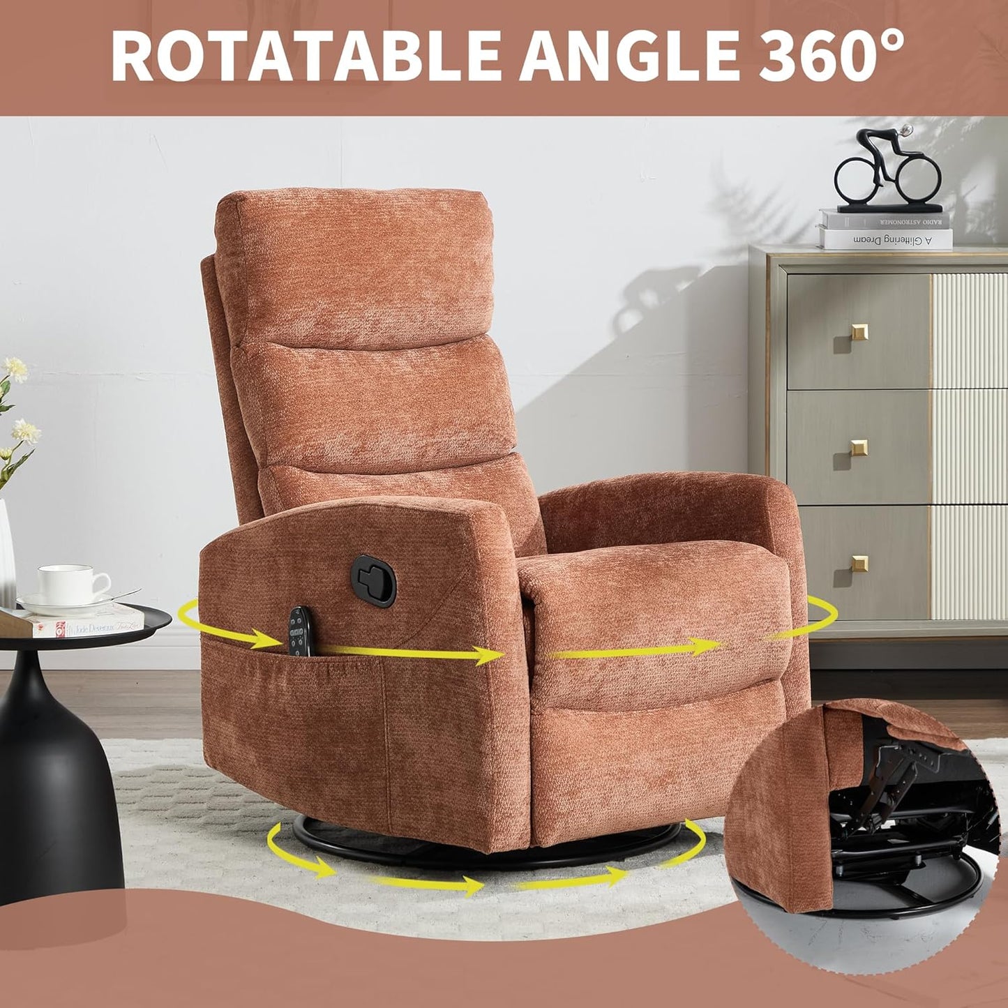 Manual Swivel Rocker Recliner Chair for Adults, Overstuffed Reclining Glider Chair for Nursing with Vibration Massage & Heat, Living Room Rocking Recliner 3-Stage backrest, Chenille Fabric Orange