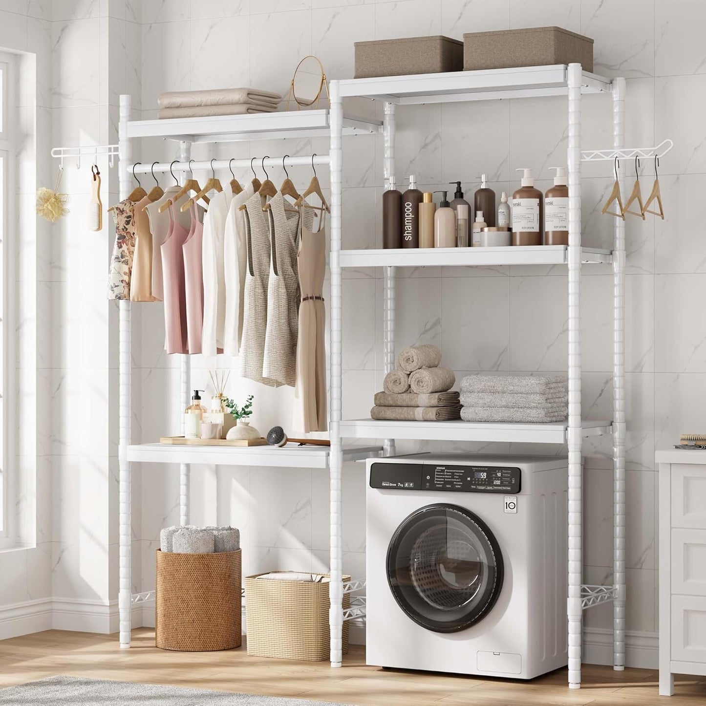 CABIHOME 5-Tier Over-The-Washer Shelf - Adjustable Height Laundry Organizer Space Saver, Double-Layer 100lb Shelves, 2 Hooks for Bathroom/Balcony (White)
