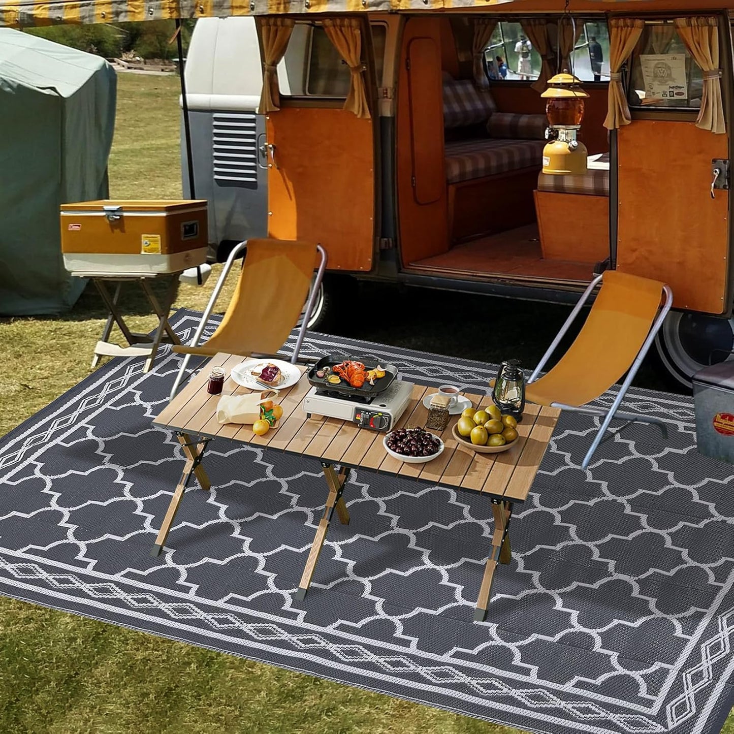 GAOMON Outdoor Rug for Patio 5'x8' Reversible Plastic Rugs Camping Mat for Outdoor, RV, Backyard, Deck, Balcony, Picnic, Beach, Grey/White(Geometric)