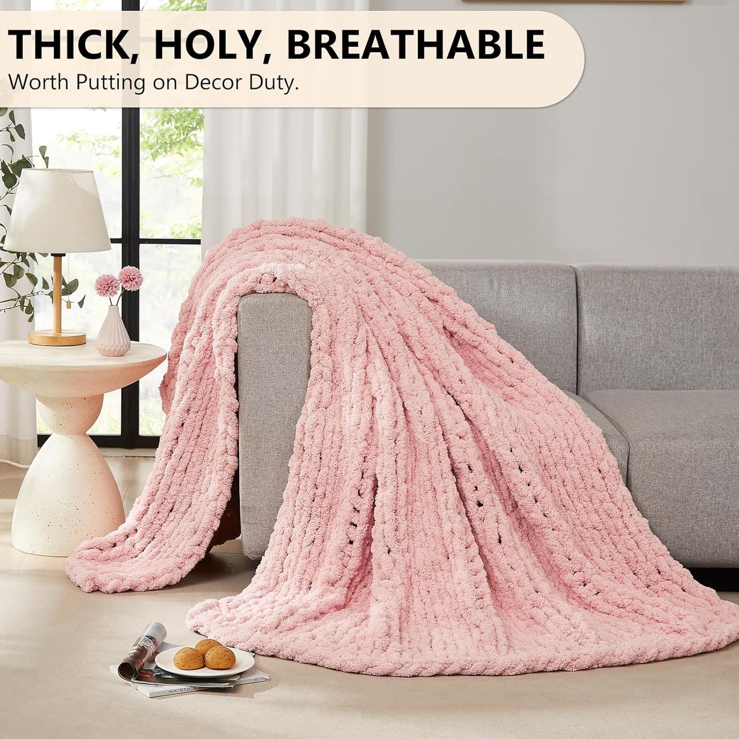 L'AGRATY Chunky Knit Blanket Throw: 80''x90'' Chenille Chunky Knitted Throw Blanket for Bed Couch - Handmade Thick Big Cable Knit Blanket - Large Chunky Crochet Rope Blanket for Home Decor(Pink)