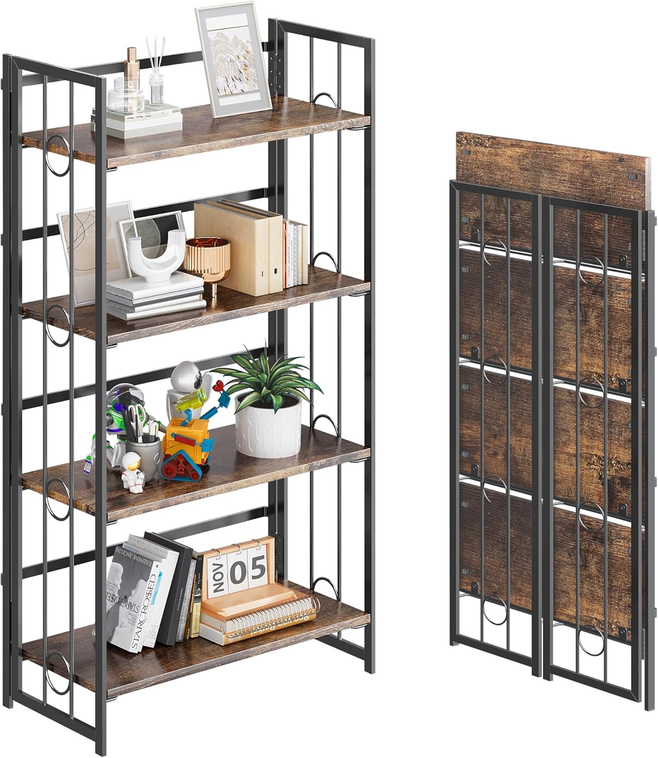 4NM No Assembly 4 Tiers Folding Bookshelf, 47.2" H Foldable Storage Shelves Vintage Bookcase Standing Racks Study Organizer Home Office - Rustic Brown Black