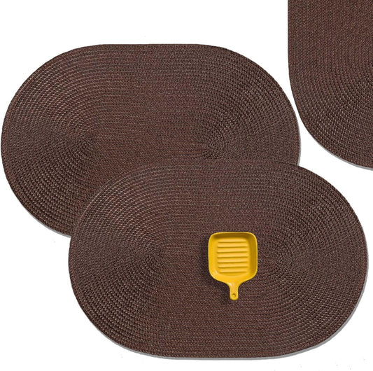 AHHFSMEI Placemats Set of 8 for Dining Table Washable Woven Vinyl Non-Slip 18x12 inches Placemat Heat-Resistant Durable Table Mats for Dining Table Easy to Clean (Oval Brown, 8)