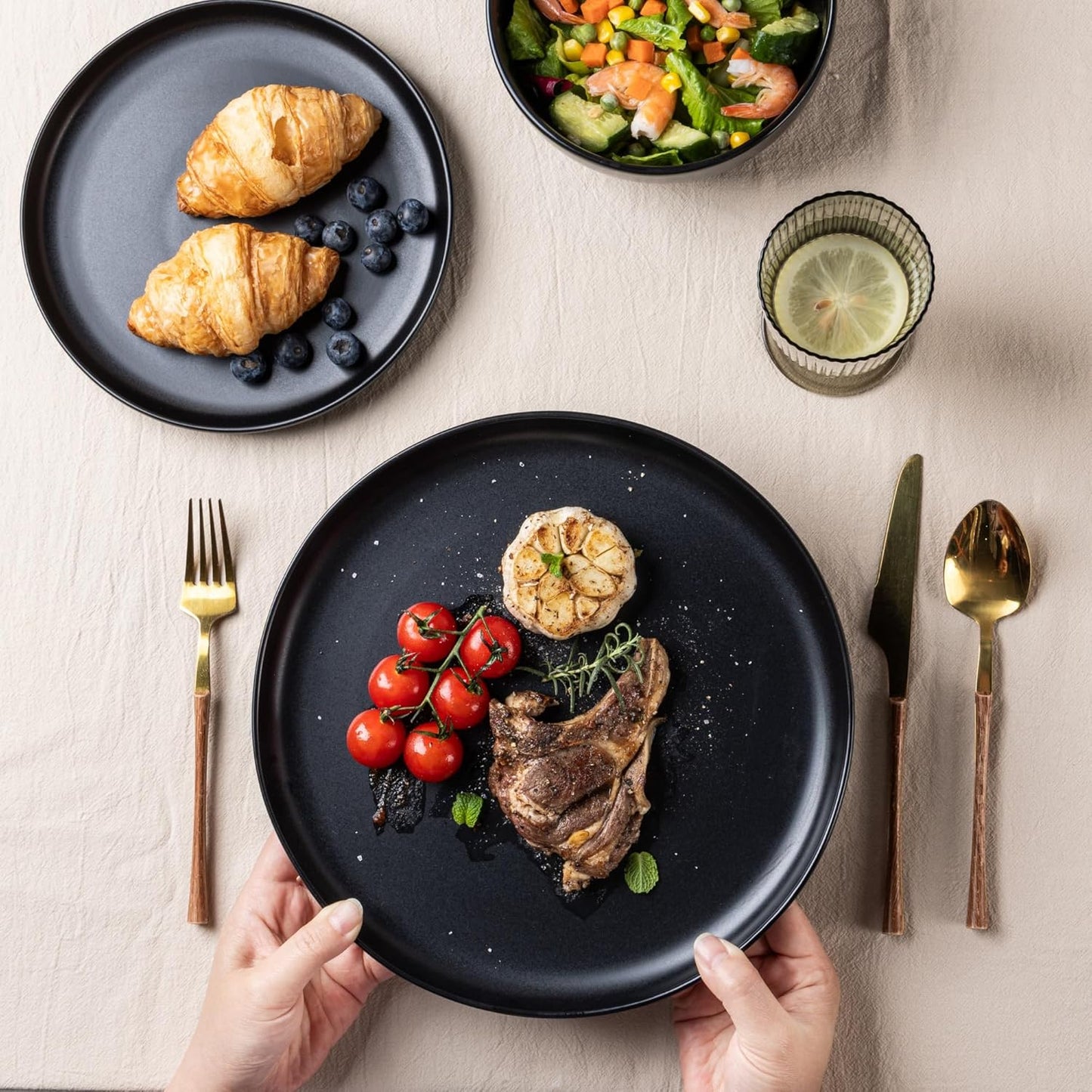 AmorArc Ceramic Dinnerware Sets, Wavy Rim Stoneware Plates and Bowls Sets, Highly Chip and Crack Resistant | Dishwasher & Microwave & Oven Safe Dishes set, Service for 4 (12pc)-Matte Black