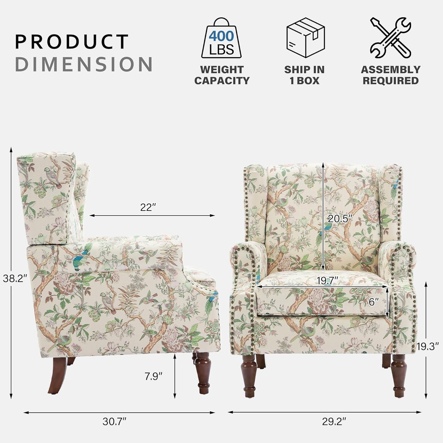 Lumibee High Back Accent Chair, Armchair in Fabric,Comfy Upholstered Wingback Single Sofa Reading Chair with Solid Wood Legs for Living Room,Bedroom,Office-Bird