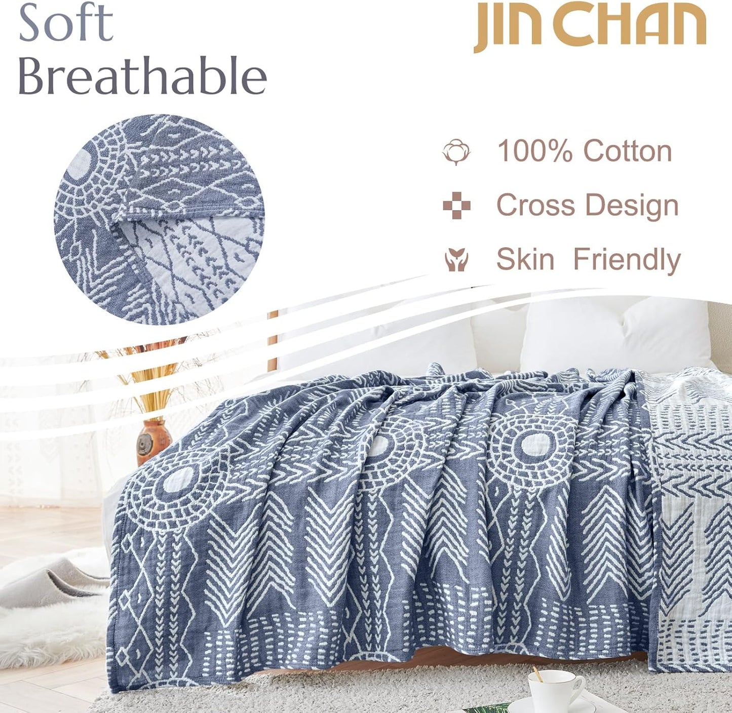 jinchan Boho 100% Cotton Muslin Blanket 3-Layer Queen Size 80x90 Inches Geometric Blue Lightweight Reversible Soft Cozy Comfy Throw for Couch Sofa Bed Coverlet Quilt Large Blanket Bedroom All Seasons