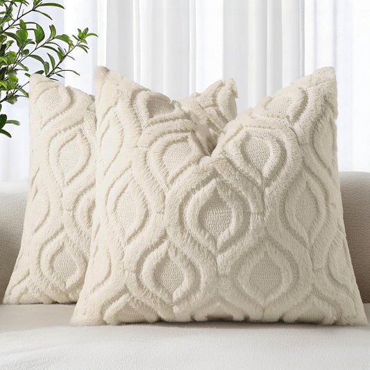 decorUhome Fall Throw Pillow Covers 18x18 Inch Set of 2, Soft Plush Decorative Faux Fur Beige Solid Couch Pillow Covers, Accent Farmhouse Neutral Square Euro Pillow Cases for Sofa Bed Living Room