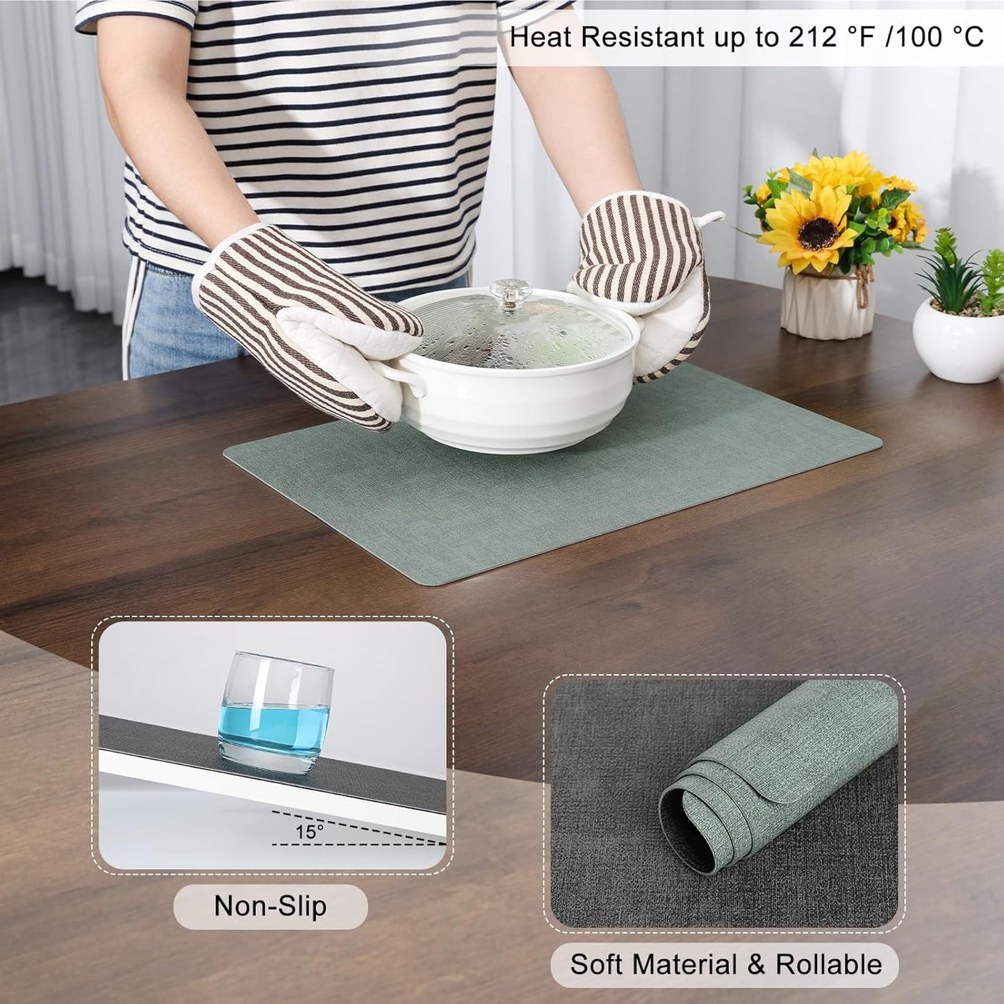 Myir JUN Dual Sided Faux Leather Placemats Set of 8 for Indoor Outdoor Dining Tables, Square Non-Slip Washable Wipeable Table Mats (Gray Sage Green, Set of 8)