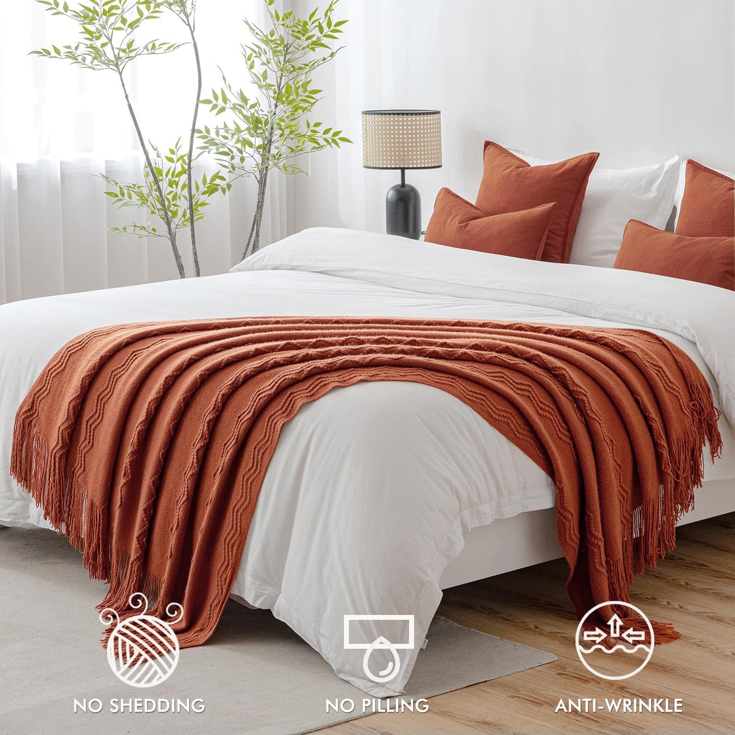 MIULEE Fall Rust Knitted Throw Blanket for Couch Boho Terracotta Textured Cozy Woven Blanket with Tassels for Sofa Chair Bed Living Room Acrylic Wave Pattern 60"x80"