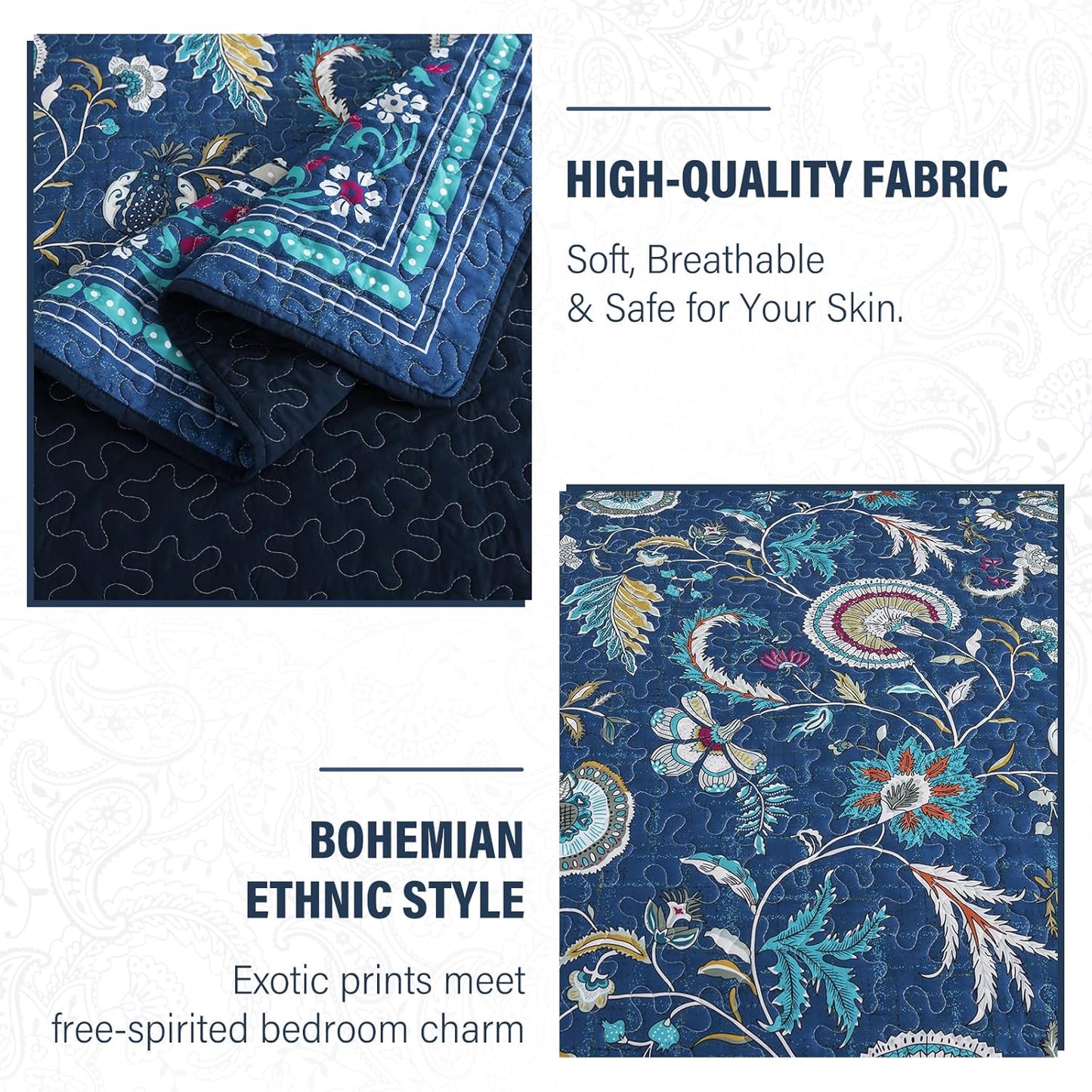 NEWLAKE Quilt Set Queen Size, Bedspread Sets Blue Botanical Floral Patterns, Reversible Quilt Bedding Set Lightweight and Breathable for All Seasons, Soft Quilted Bedspread with 2 Pillow Shams