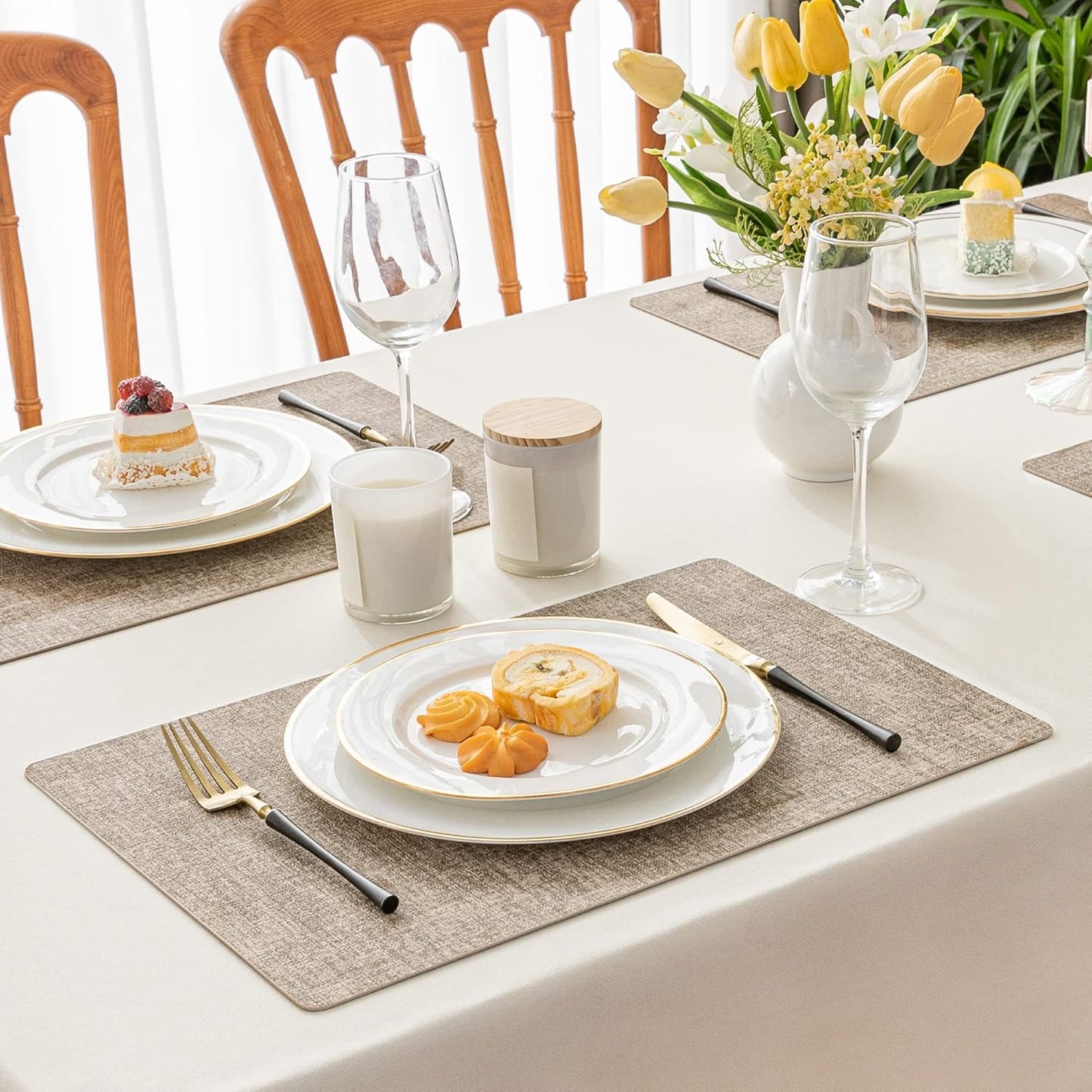 Romanstile Vinyl Placemats Set of 4-12 X 18 Inch - Heat Resistant Place Mats 100% Waterproof Oilproof Wipeable Reversible Faux Leather Table Mats for Kitchen/Dining/Party/Outdoor, Khaki