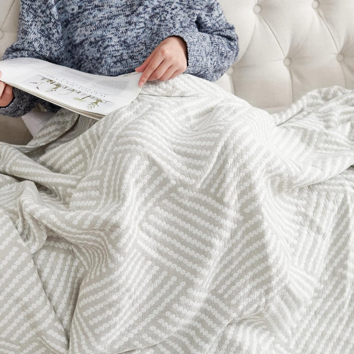 jinchan Boho 100% Cotton Blanket Muslin 50x60 Inches Lightweight 3-Layer Geometric Square Striped Pattern Reversible Quilt Throw Soft Breathable Comfy All Seasons for Couch Bed Decor, Light Grey