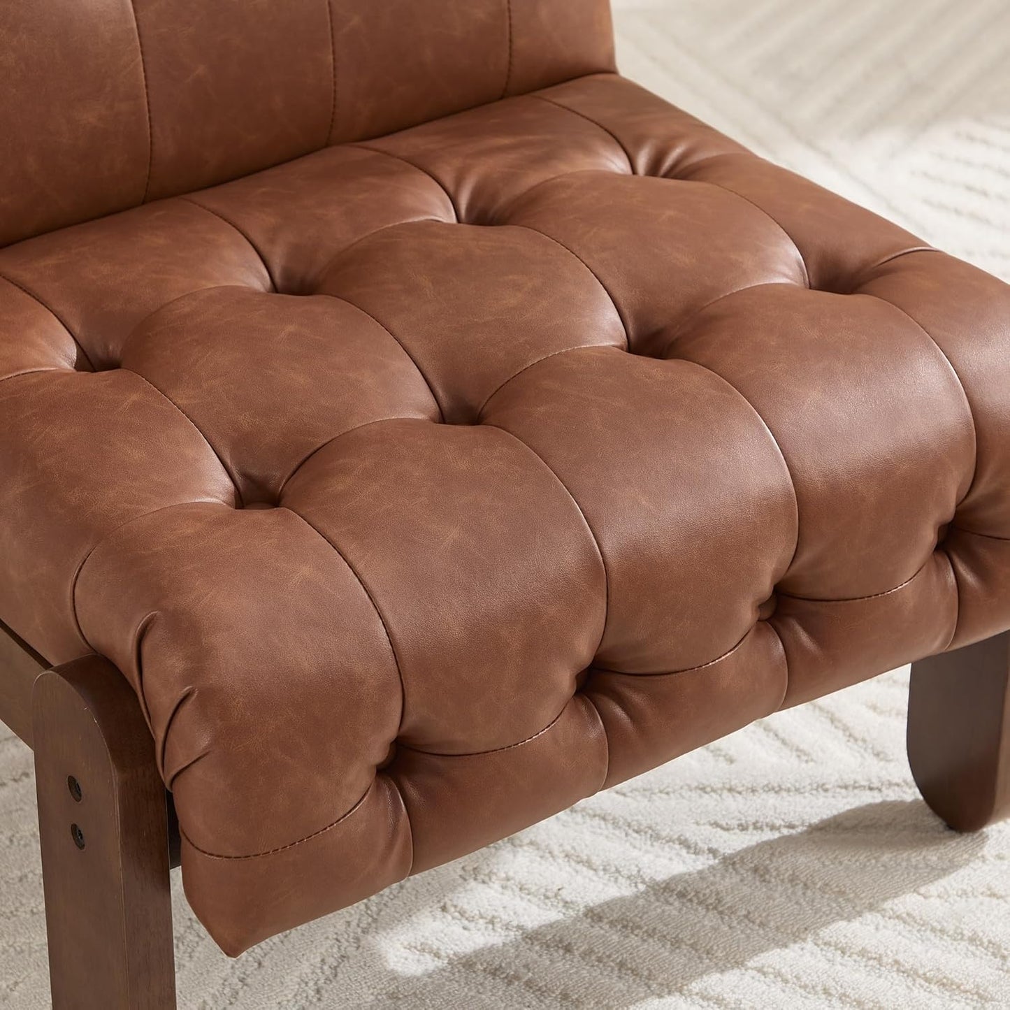 Modern Armless Accent Chair Set of 2 for Living Room, Brown PU Leather Button Tufted Upholstered Lounge Reading Chair with Walnut Wood Frame