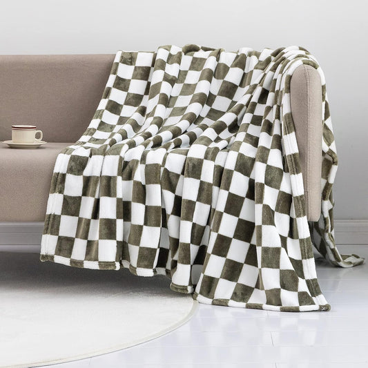 LOMAO Throw Blankets Flannel Blanket with Checkerboard Grid Pattern Soft Throw Blanket for Couch, Bed, Sofa Luxurious Warm and Cozy for All Seasons (Dark Olive, 40"x50")