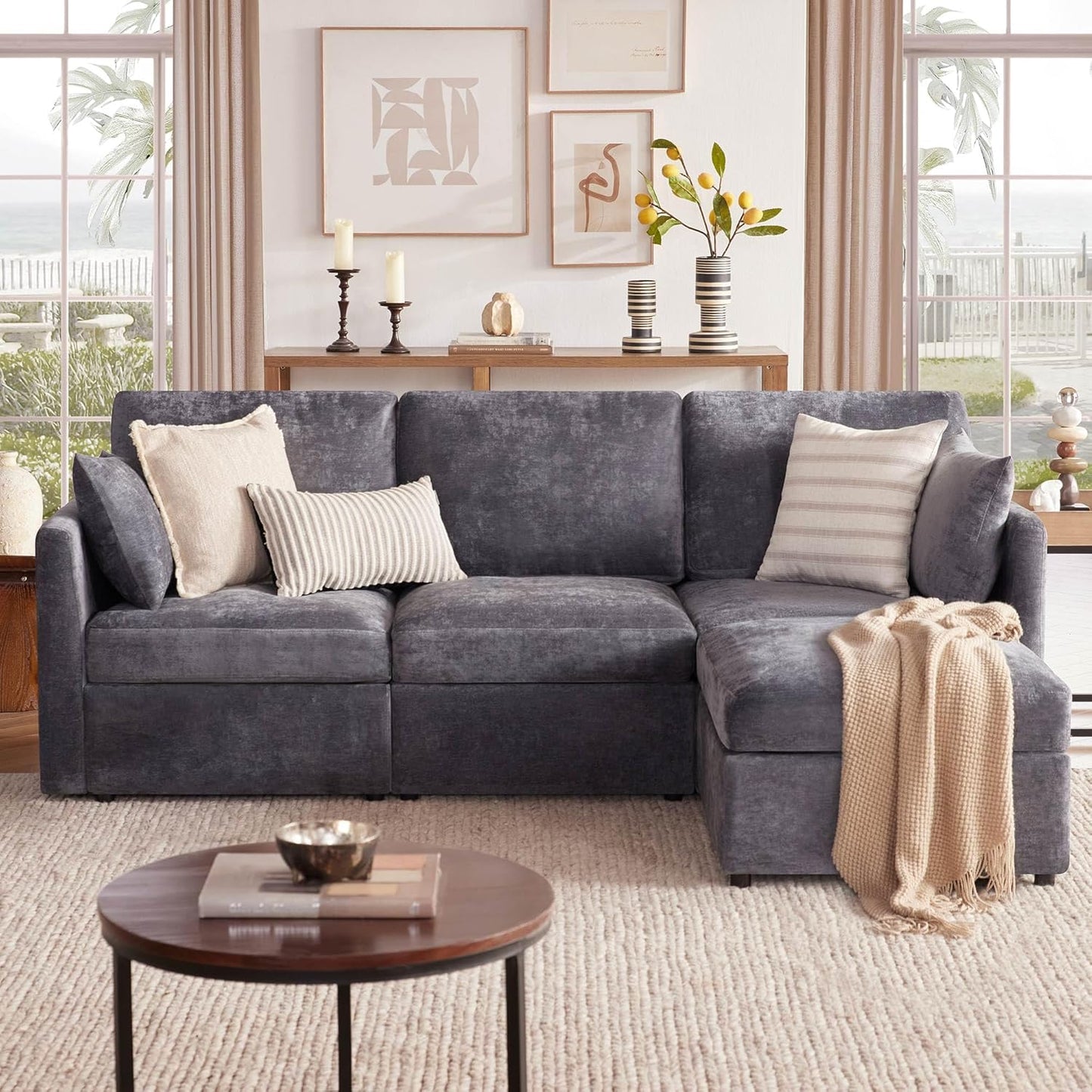 Tbfit Convertible L Shaped Couch, Sectional Sofa for Living Room,Chenille Cloud Couch with Ottoman 4 Seat (Grey)