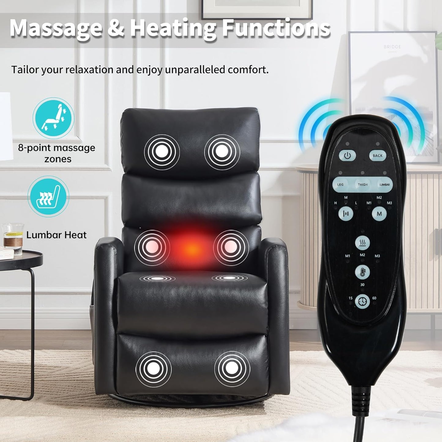 Manual Swivel Rocker Recliner Chair for Adults, Overstuffed Reclining Glider Chair for Nursing with Vibration Massage & Heat, Living Room Rocking Recliner 3-Stage backrest, Faux Leather Black