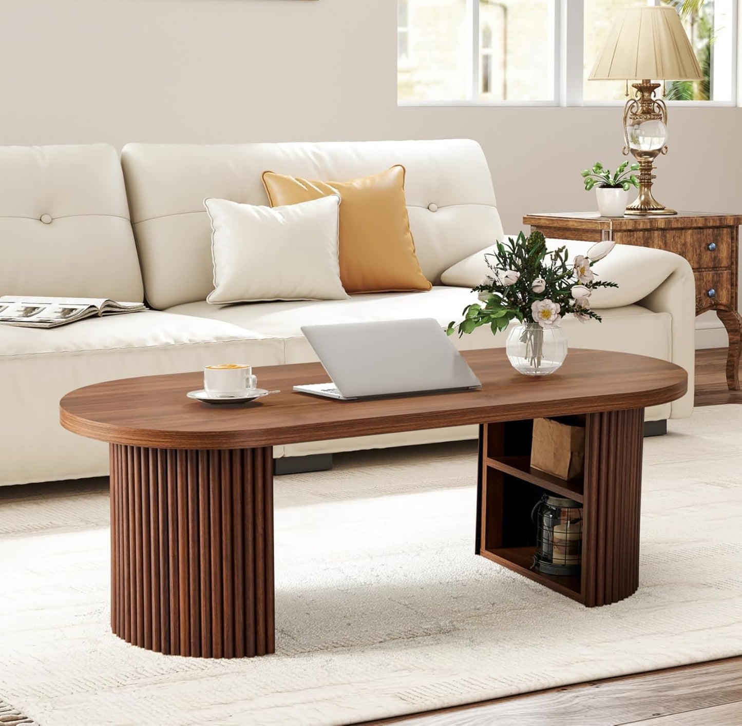 Oval Fluted Coffee Table, 47" Farmhouse Wood Coffee Table Mid Century Modern Center Table Boho Living Room Tables for Living Room Office,Walnut