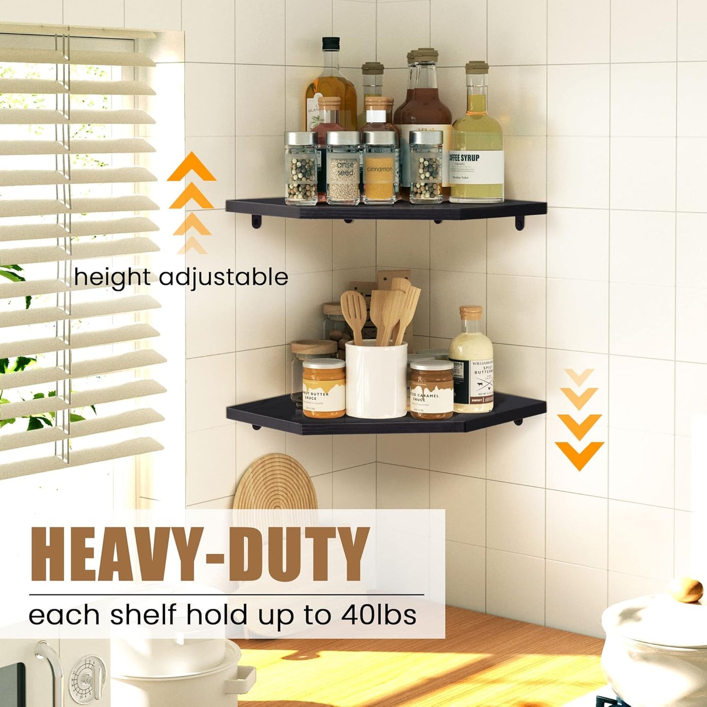 Corner Shelf Wall Mount, Floating Corner Shelves, Set of 2 Corner Wall Shelf Organizer, Rustic Wood Wall Storage Display Shelves for Living Room Bedroom Bathroom Kitchen, Classic Black