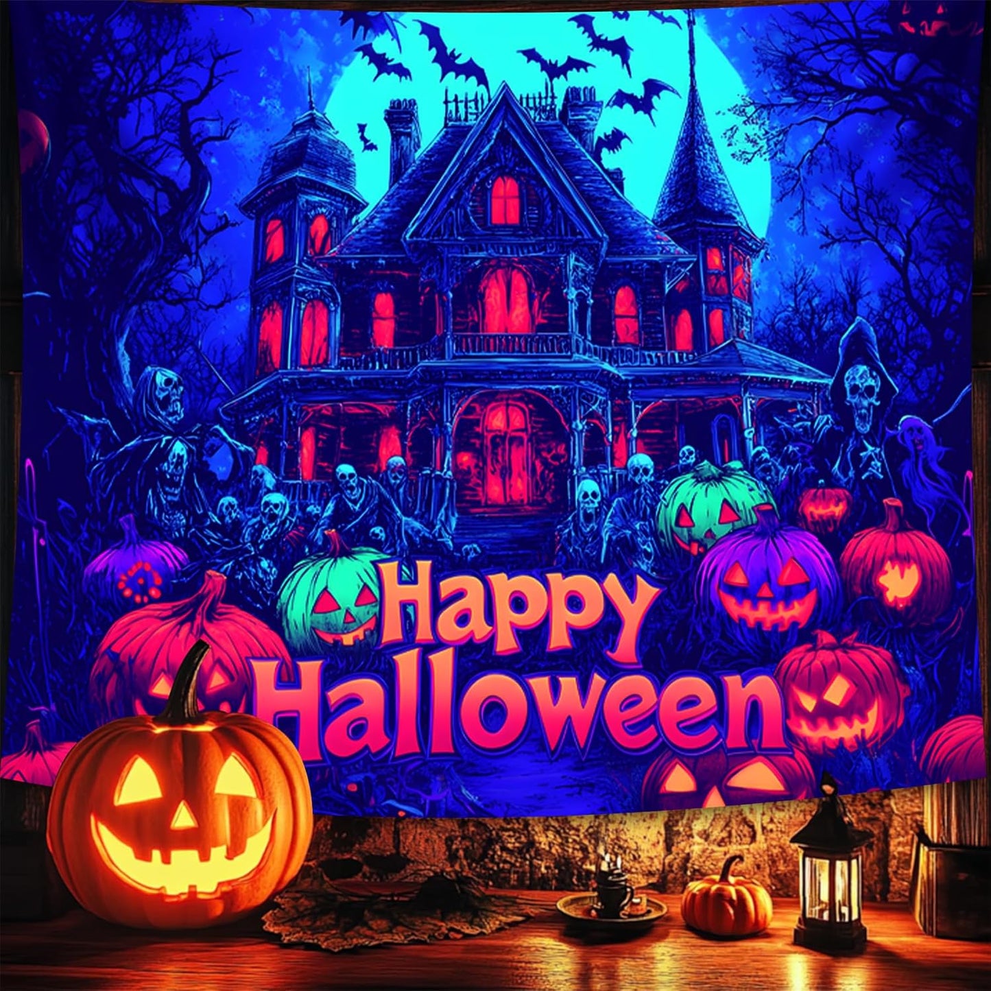 Halloween Tapestry, Blacklight Tapestry for Halloween Party Decor Hanging Tapestries Backdrop Wall Art Poster for Bedroom Dorm 79x59in