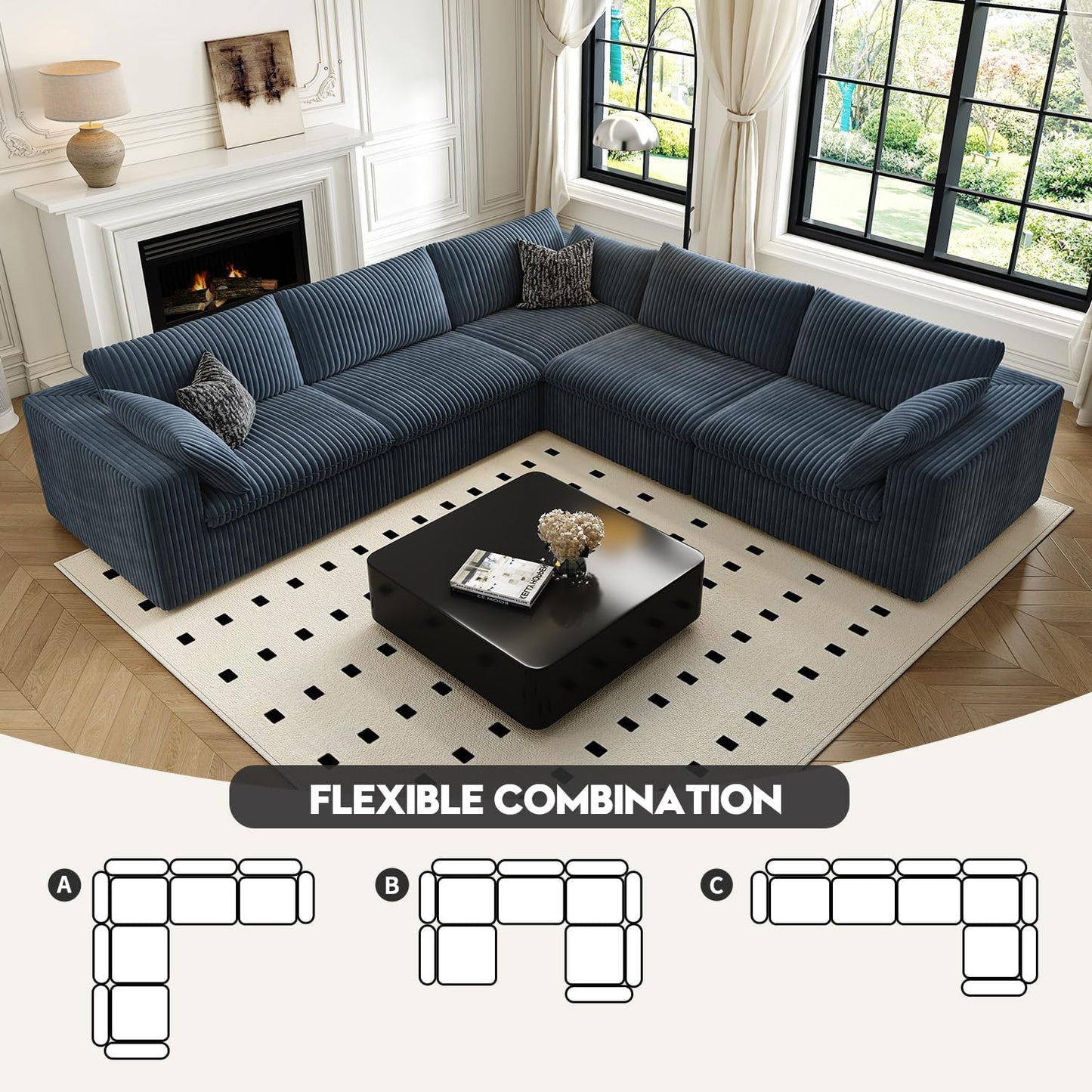 118" Cloud Couch Oversized Modular Sectional Sofa for Living Room,Modern Sofa with Deep Seat，V Shaped Boneless Couch,Comfy Upholstered Corduroy Couches for Apartment, Studio, Office,Bedroom，Blue