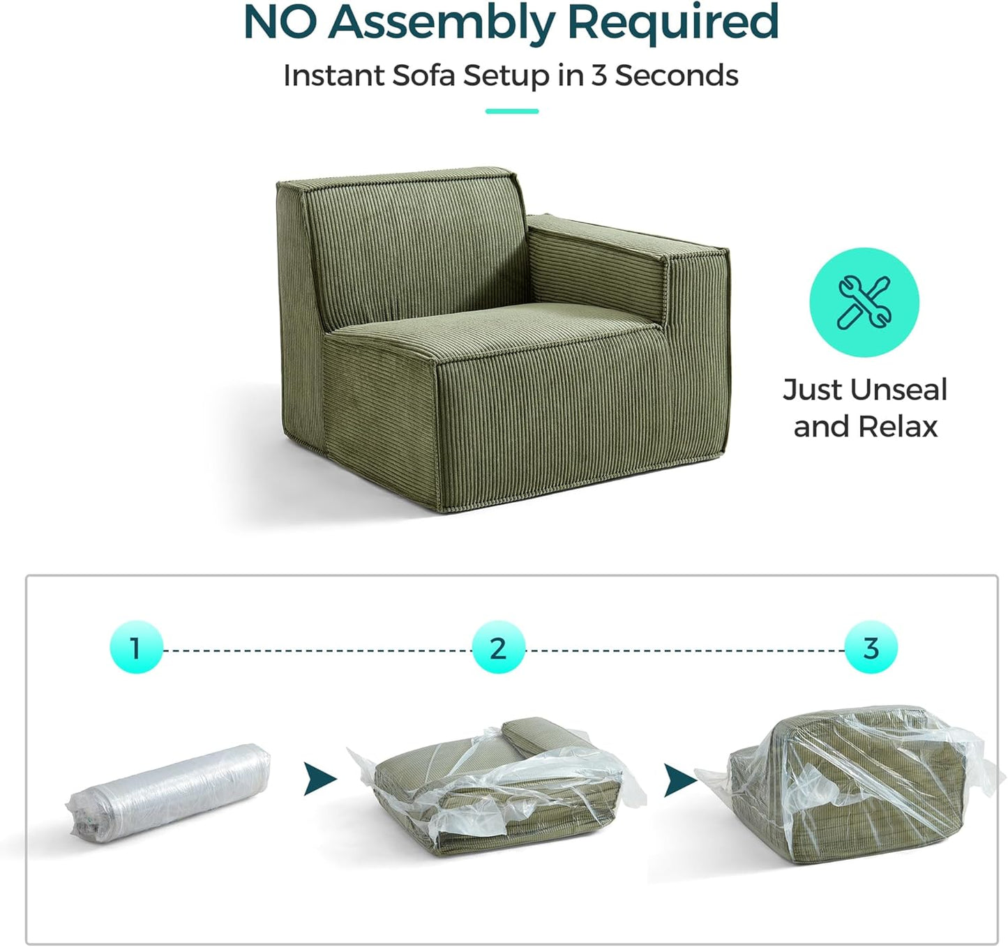 LINSY HOME Modular Sectional Sofa, 105" Boneless Couch U Shaped 3-Seat Sofa with 2 Ottomans, Corduroy Sectional Cloud Couches for Living Room, No Assembly Required, Green