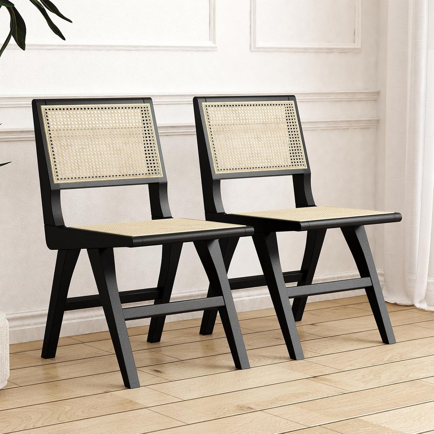 Accent Chair Dining Chairs Set of 2, Solid Wood Frame Boho Rattan Chair, Mid Century Modern Accent Chairs for Living Room Bedroom Dining Room Kitchen(Black)