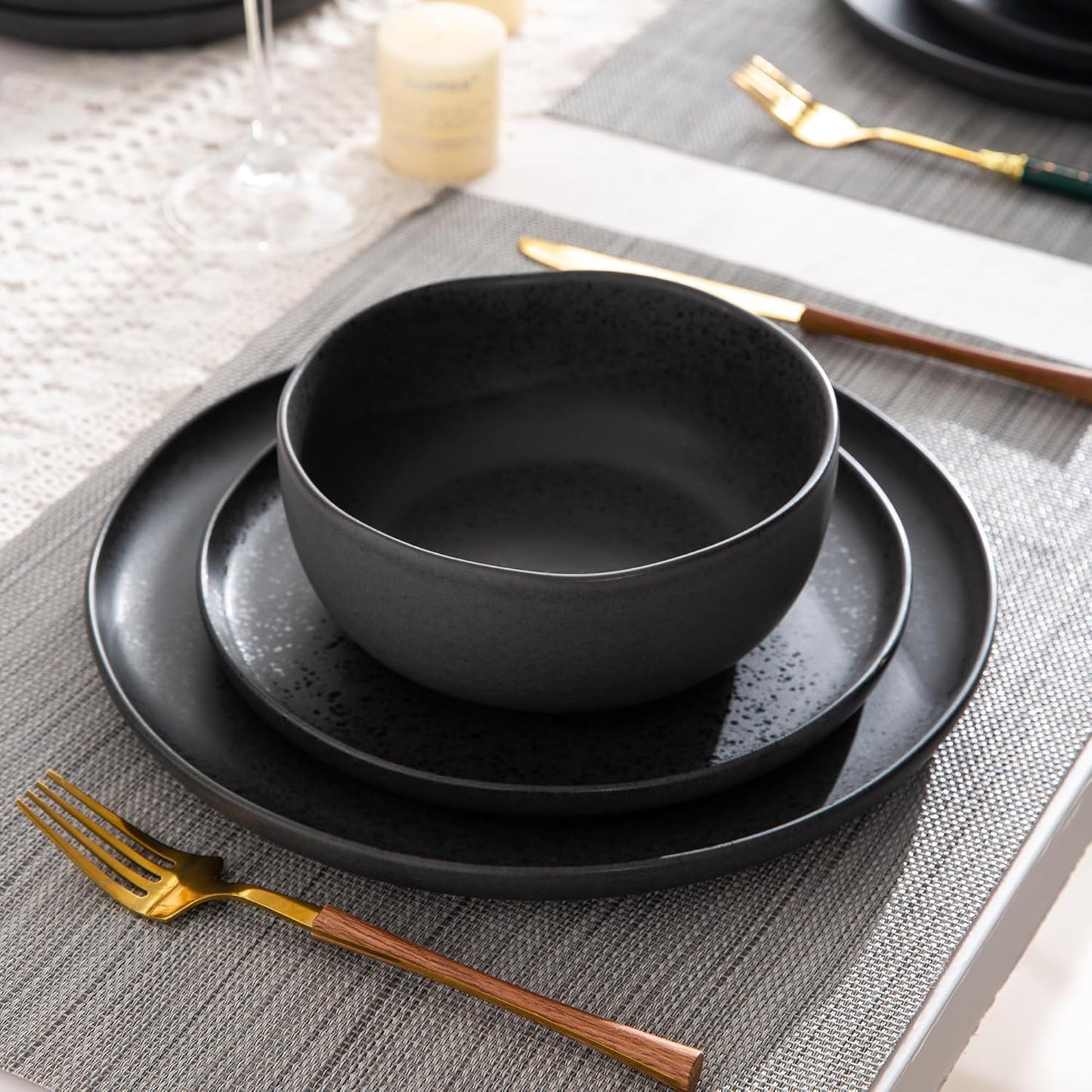 AmorArc Ceramic Dinnerware Sets, Wavy Rim Stoneware Plates and Bowls Sets, Highly Chip and Crack Resistant | Dishwasher & Microwave & Oven Safe Dishes set, Service for 6 (18pc)-Speckled Black