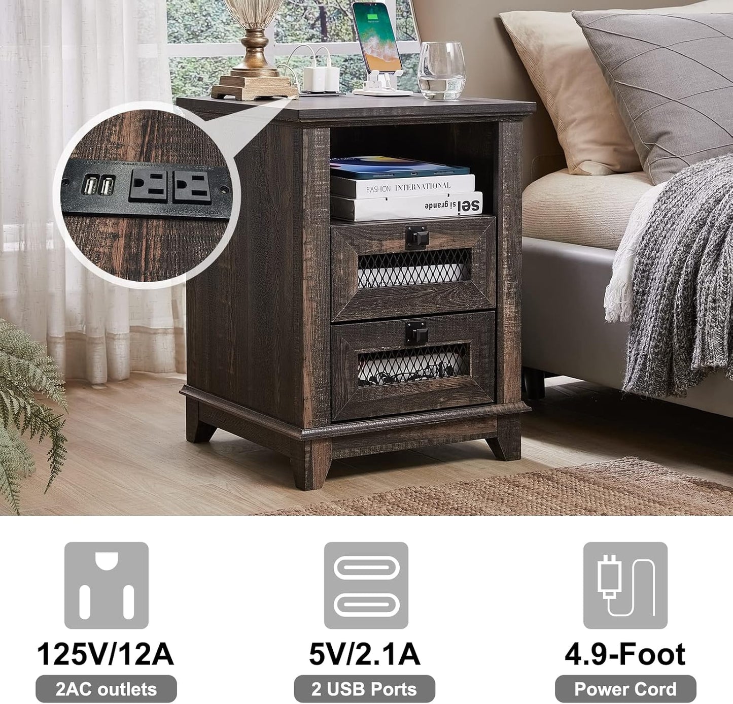 OKD Nightstand with Charging Station, 18'' Industrial & Farmhouse End Table with 2 Drawers & Open Cubby, Rustic Mesh Drawer Sofa Side Table w/Storage for Bedroom, Living Room, Office, Dark Rustic Oak