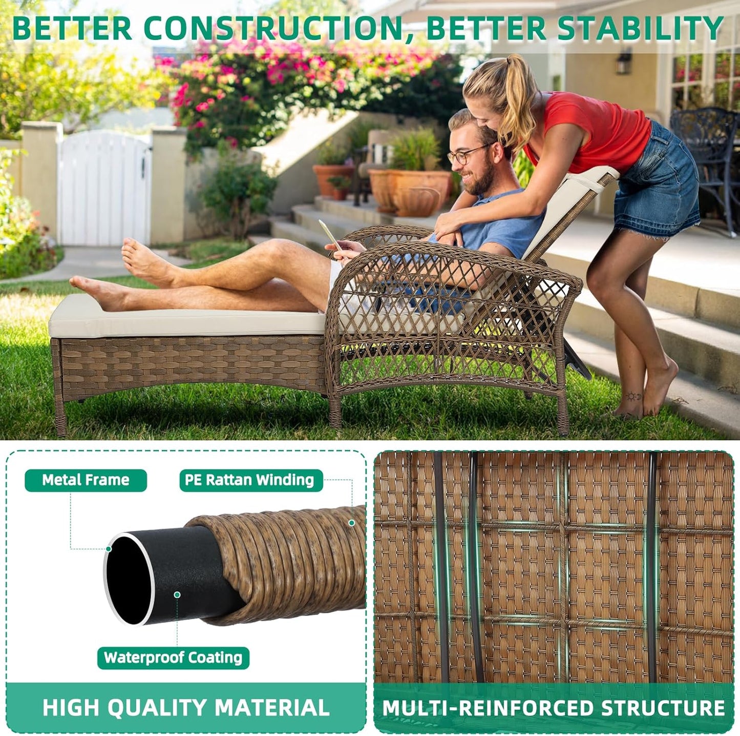 VIVIJASON Outdoor Wicker Chaise Lounge Chair, All-Weather PE Rattan Cushioned Patio Lounger Set with Side Table, 6-Position Adjustable Outside Pool Sunbathing Recliner with Armrest & Pillow, Beige