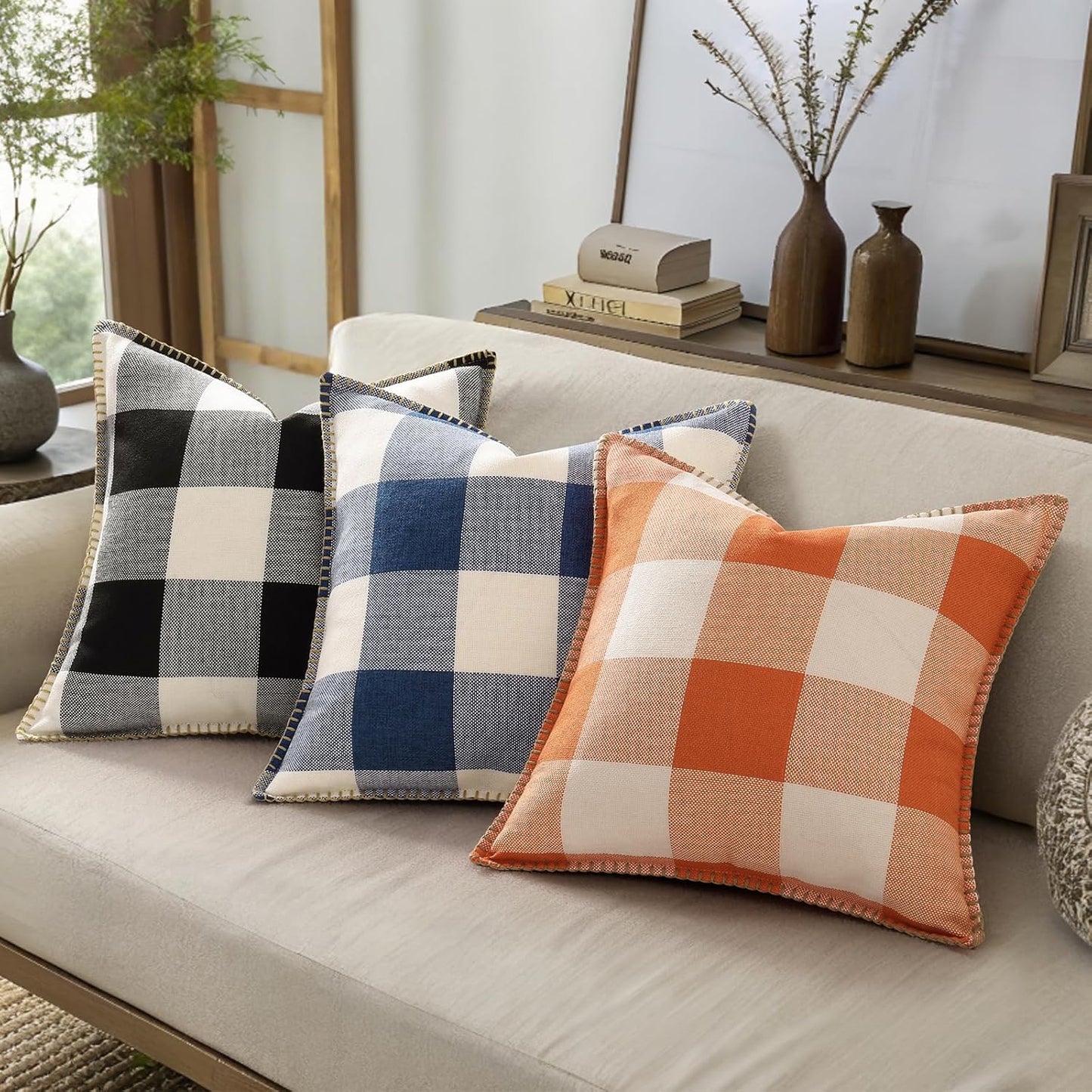decorUhome Buffalo Plaid Check Throw Pillow Covers 20x20 Set of 2, Outdoor Decorative Farmhouse Neutral Pillow Covers with Stitched Edge for Bed Couch Sofa, Navy Blue and White