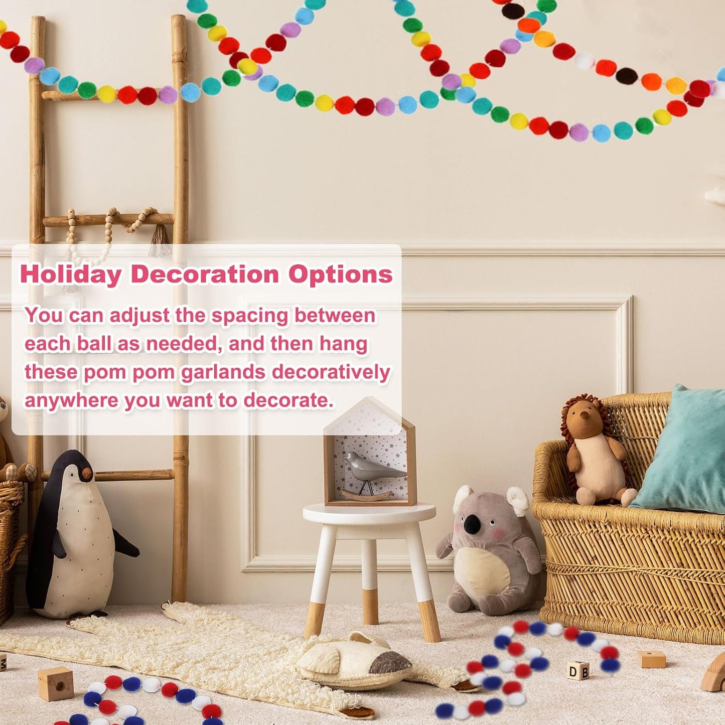 PATIKIL 13Ft Pom Pom Garland Decorations, 2Pcs Colorful Felt Ball Garland Banner Cute Rainbow Pompom Hanging Decorations for Tree Ornaments Homes Decor, Black/Orange/White