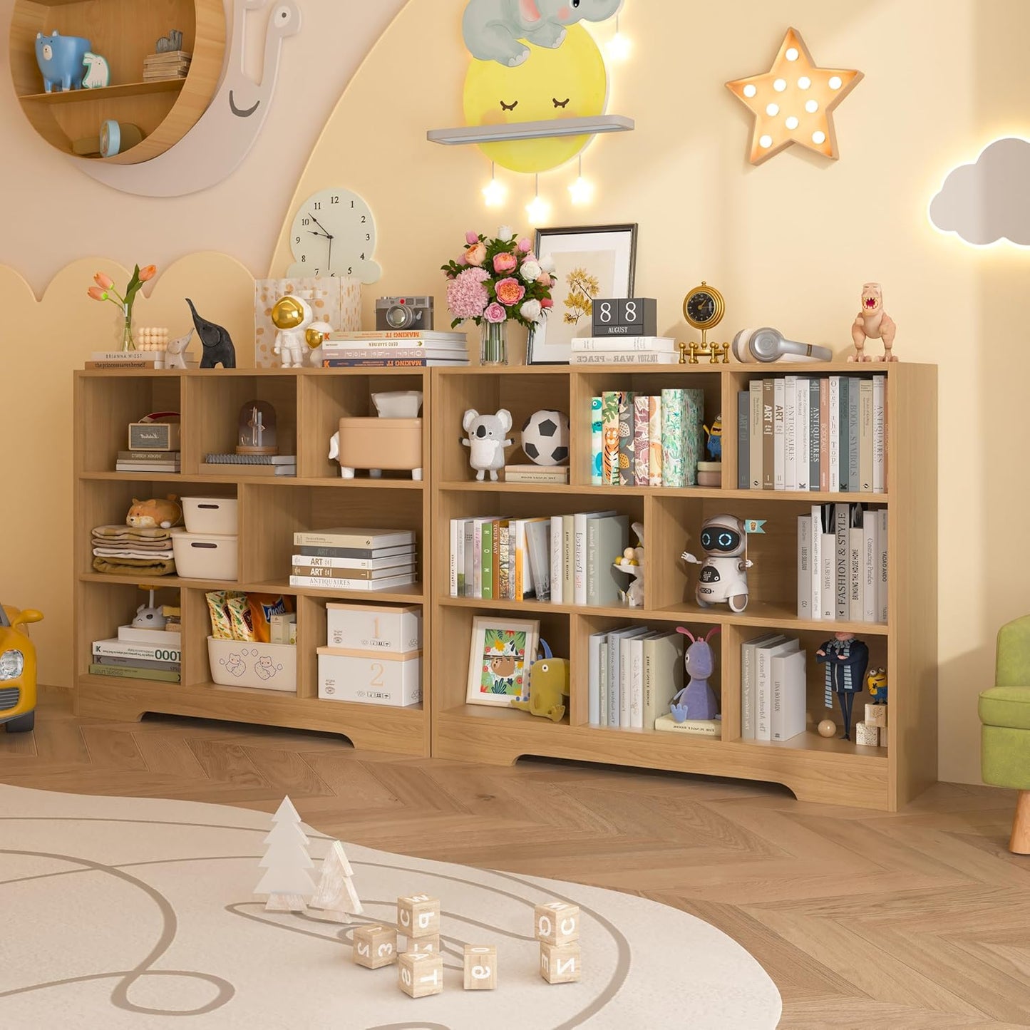 Book Shelf Set of 2, 8 Cubes Storage Organizer, 3-Tier Open Shelf Wooden Bookcase, Freestanding Wooden Bookshelf Cube Shelf for Bedroom, Living Room, Home Office