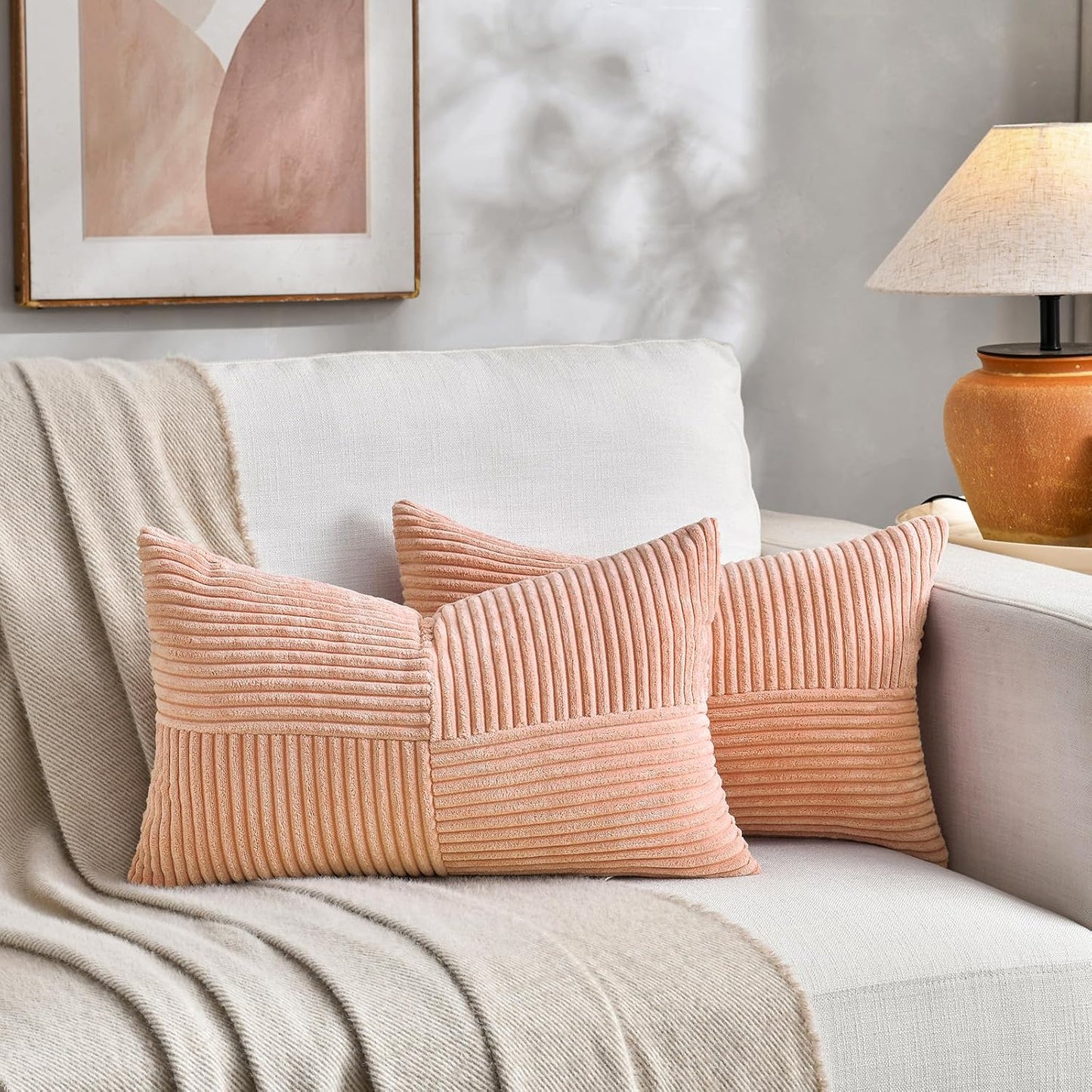 Fancy Homi 2 Packs Peach Long Lumbar Decorative Throw Pillow Covers 12x24 Inch for Couch Bed Sofa, Rustic Farmhouse Boho Home Decor, Soft Striped Corduroy Rectangle Accent Cushion Case 30x60 cm