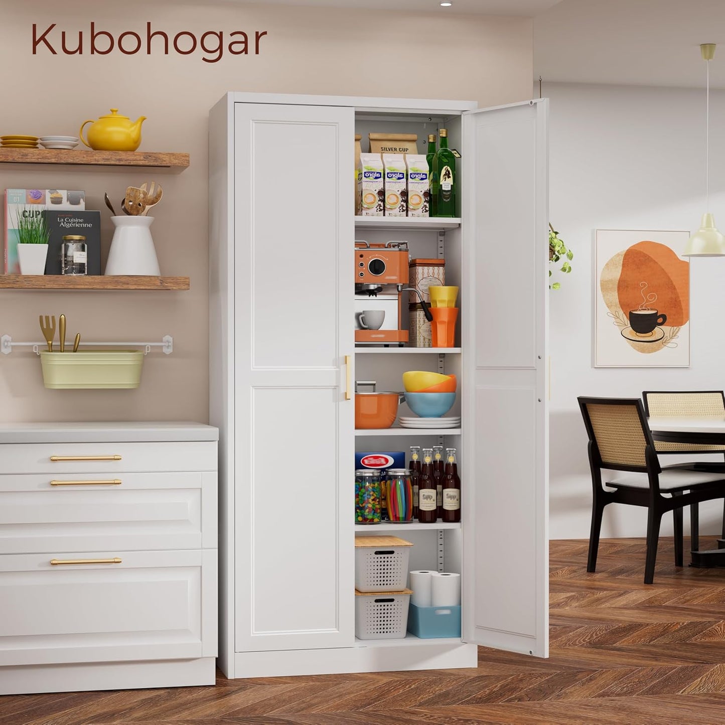 71" Tall Metal Pantry Cabinet, White Kitchen Pantry Storage Cabinet with 4 Adjustable Shelves and Gold Handles, Cupboard for Kitchen, Dining Room, Living Room, Bathroom