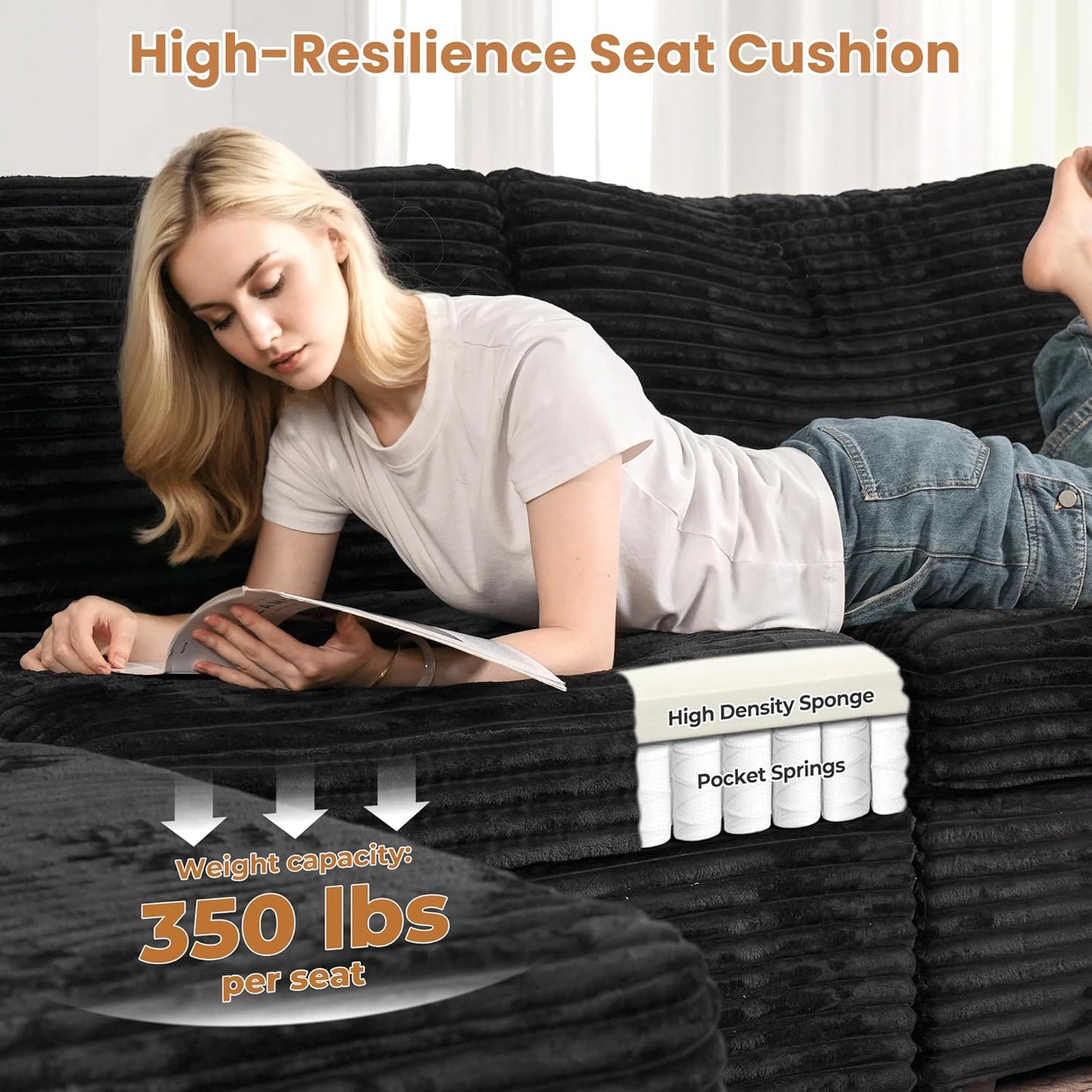 ovios Sectional Sofa Couch with U-Shape Chaise Oversized, Comfy Modular Cloud Couches with Deep Seat, Modern Upholstered Plush Corduroy Sofas Set for Living Room, 7-Seater, Black