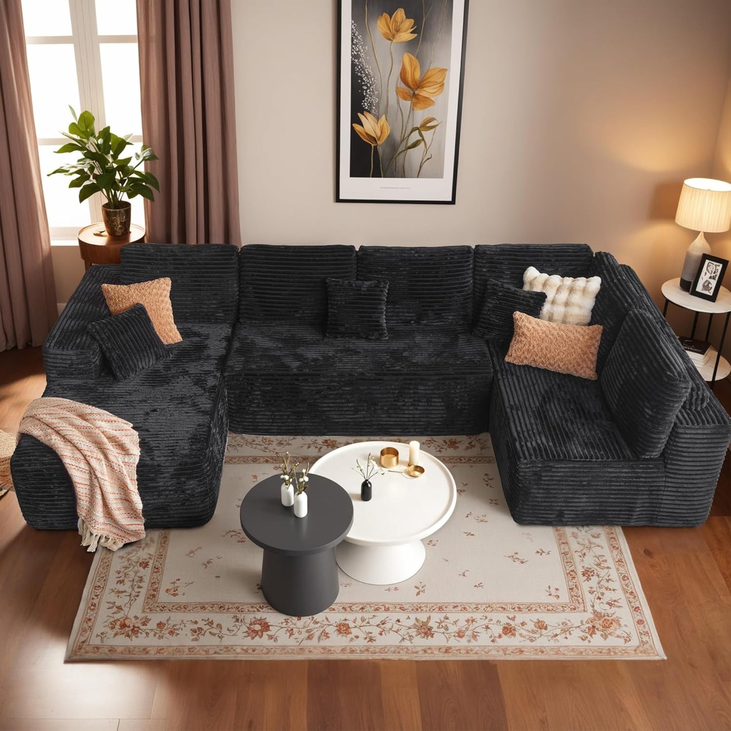 HOOOWOOO Cloud Sectional Couches for Living Room,Modular Sectional Sofa No Assembly,133X70 Inch Plush Corduroy Large U Shaped Floor Couch Set with Deep Seat Chaise Lounge(Black)
