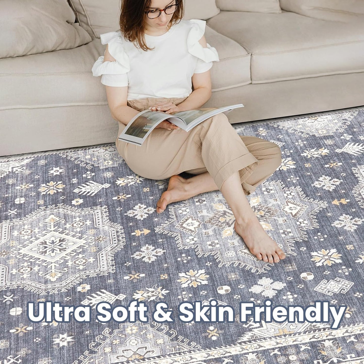 Washable Area Rugs for Living Room - 7x9 Neutral Vintage Distressed Floral Farmhouse Boho Large Soft Floor Rug Indoor Non Slip Carpet for Living Room Bedroom Dining Room Office - Denim Blue/Grey