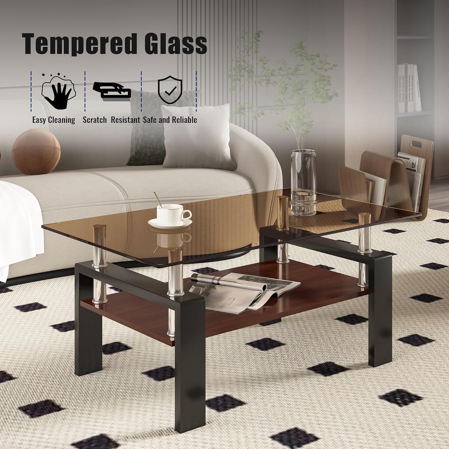 39" Brown Glass Coffee Table Walnut Modern Living Room Center Table Rectangle, with Wooden MDF Storage Layer, Black Metal Leg, for Small Apartment and Office, Brown