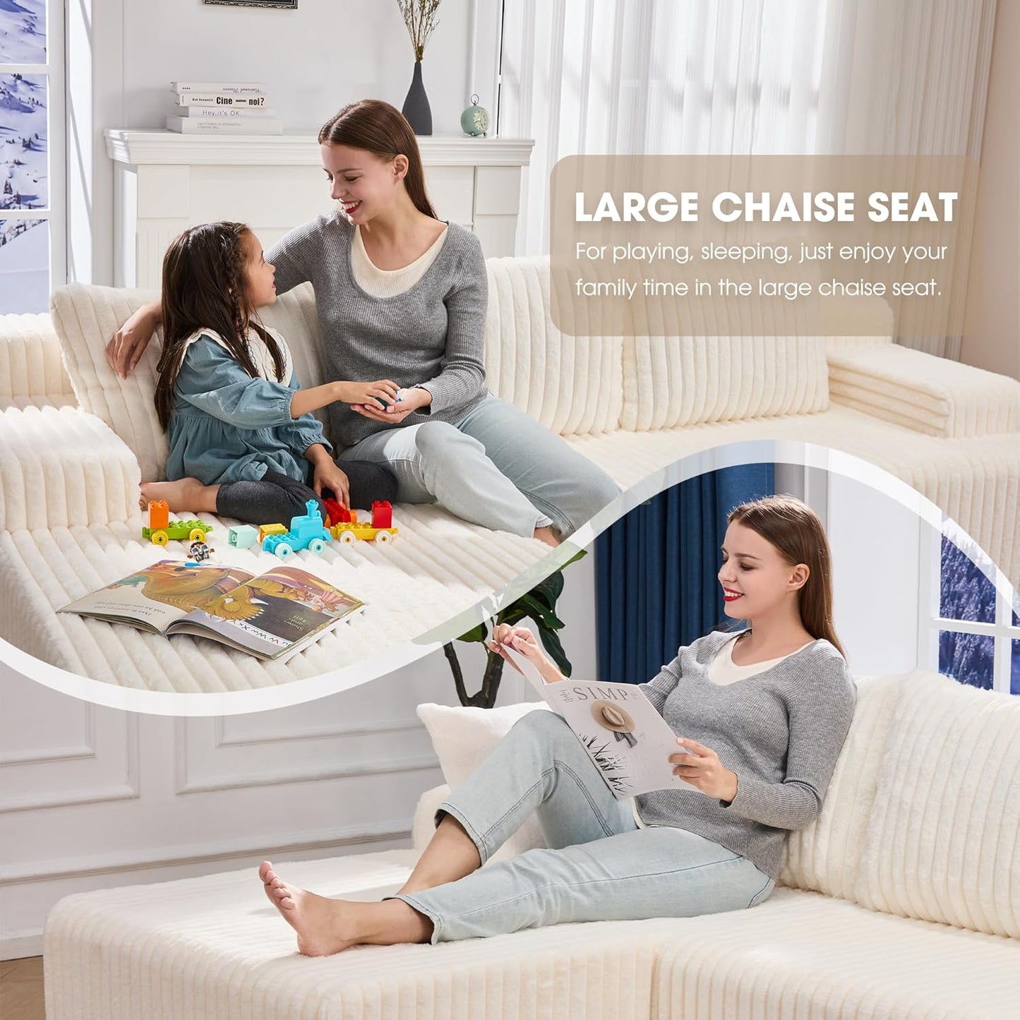 Hobestluk 96” Modular Sectional Sofa Couches L-Shape Couch 3 Seat Modular Sofa Memory Foam Sectional Couches for Living Room, Cloud Couch with Oversized Chaise (White, Stripe (Left Facing Chaise))