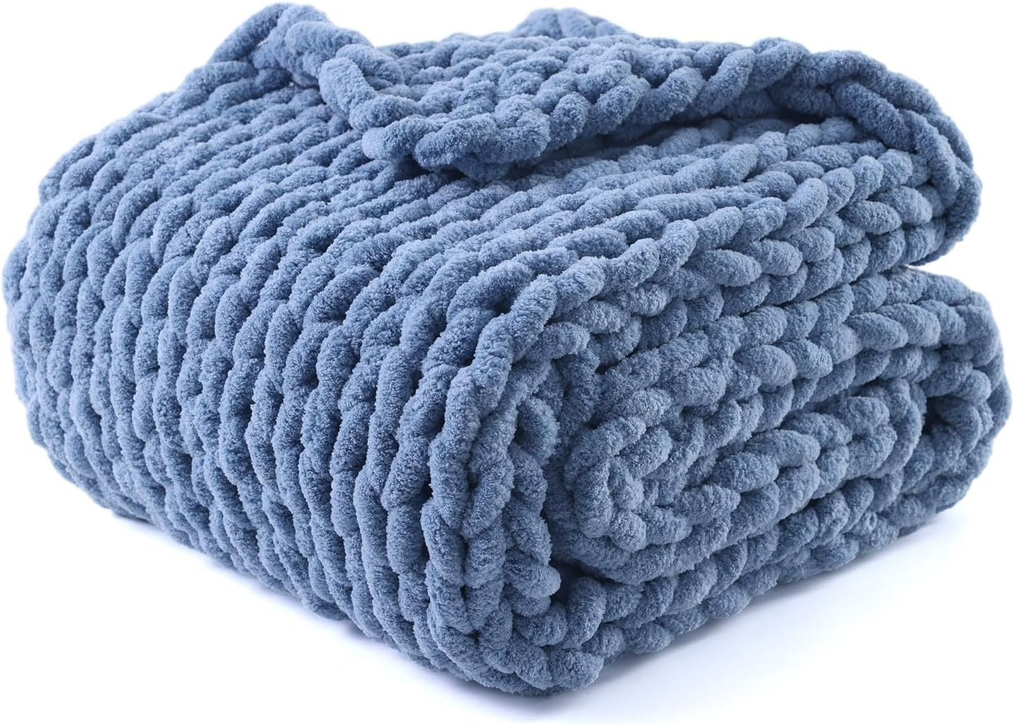 YnM Chunky Throw Blanket, Medium-Weight, Hand Knitted with Chenille Yarn, Skin Friendly, Ventilated and Breathable, Machine Washable, Home Décor Piece for Couch Sofa and Bed (Chambray Blue 80x87 Inch)