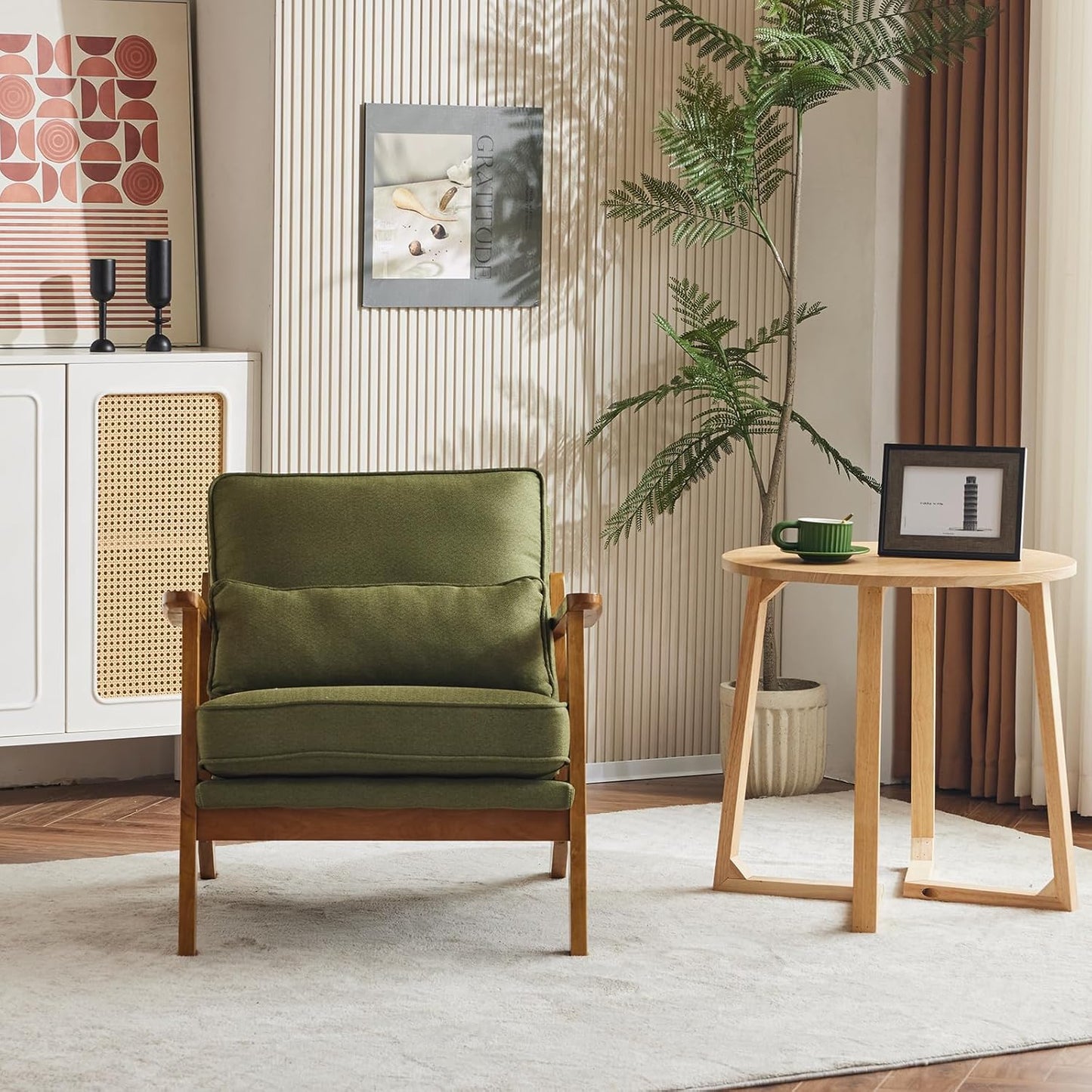 Karl home Accent Chair Wide Armrest Mid-Century Lounge Chair Linen Fabric Armchair with Lumbar Pillow & Solid Wood Frame for Living Room, Bedroom, Balcony, Green