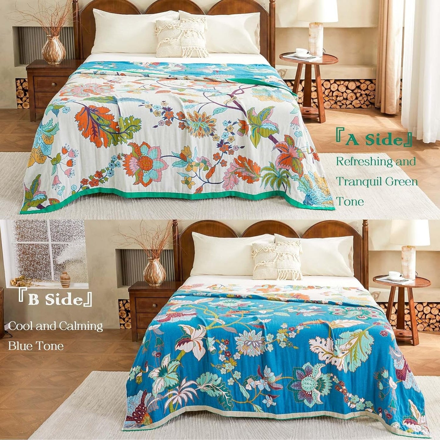 Summer Throw Blanket, 50"x60" Reversible Bohemian Flower Blanket, 100% Cotton Muslin Breathable Woven, Farmhouse Decorative Throw Blanket