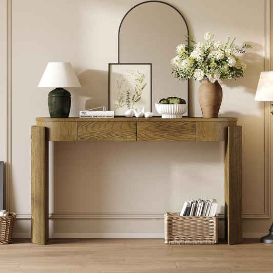 55" Sofa Table with Oval Top and 2 Drawers, Entryway Console Table with Fluted Design for Hallway,Foyer,Entry and Living Room (Fully Assembled-Pine Wood)