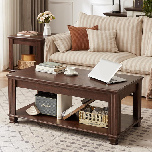 Farmhouse Coffee Tables for Living Room,Square Living Room Tables with Open Storage Shelf,Large Modern Coffee Table,Rustic Brown Center Table,Walnut