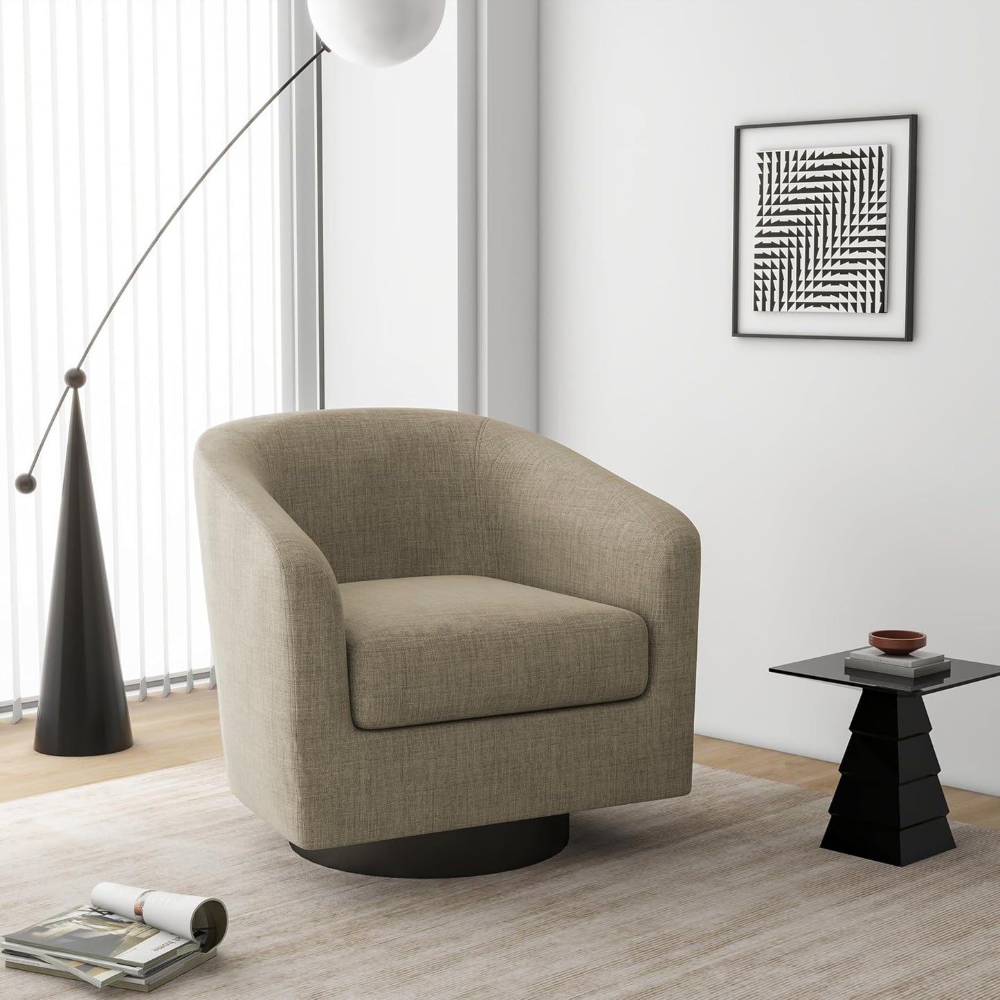 Swivel Barrel Accent Chair, Modern Round Linen Arm Chair for Living Room, Bedroom, Comfy Club Reading Chairs for Adults（Linen Fabric, Light Brown, Set of 4